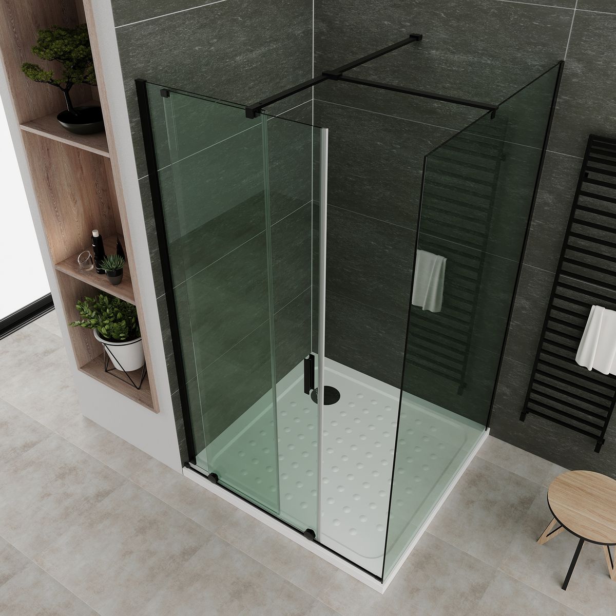 Fronteinstieg NADINE mit Schiebetür in Schwarz aus 8mm ESG Klarglas