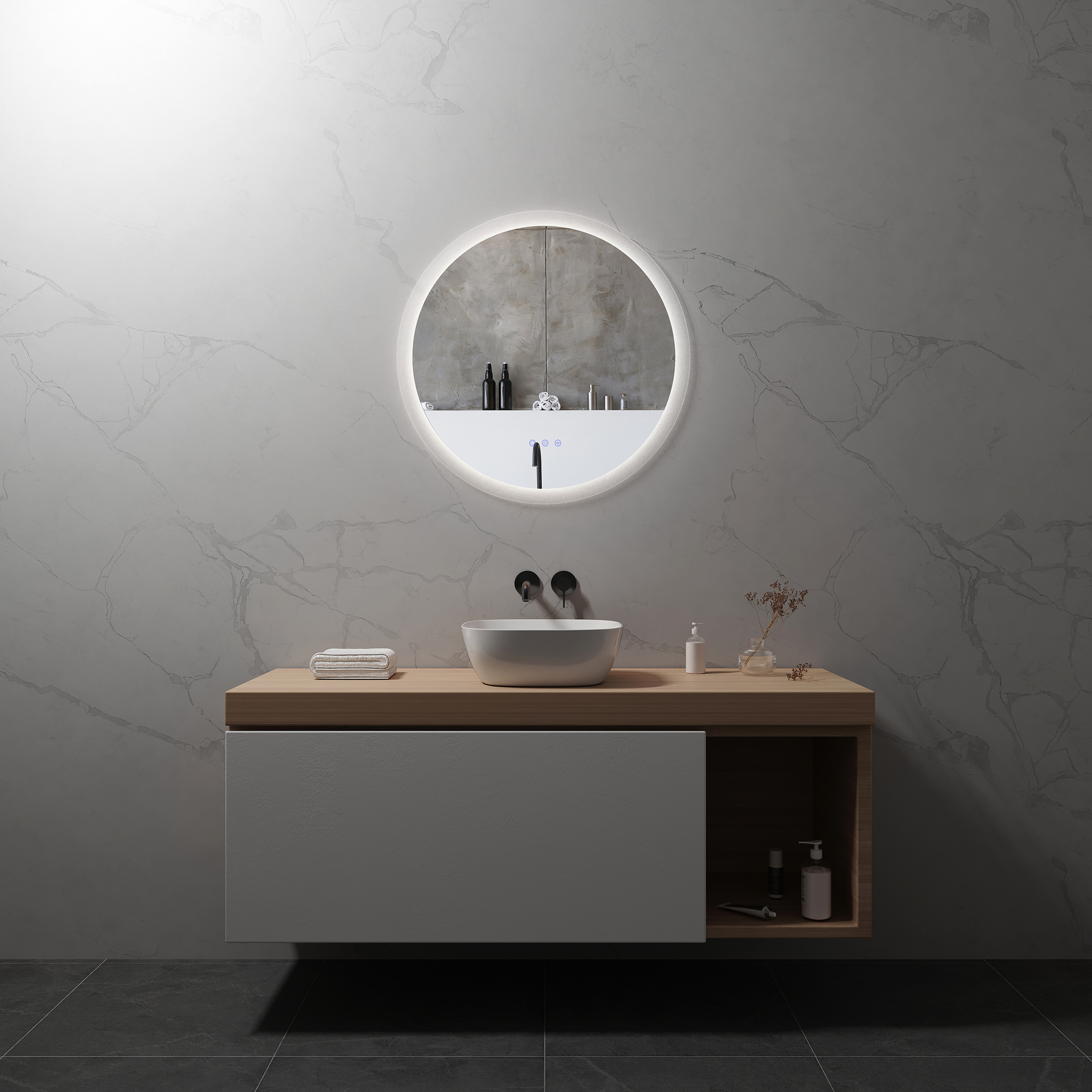 Runder LED Badspiegel RADIUS Badezimmerspiegel mit dimmbarer Beleuchtung, Farbwechsel und Antibeschlag-Funktion IP44 LED Badspiegel Mellow Badezimmerspiegel mit dimmbarer Beleuchtung, Farbwechsel und Antibeschlag-Funktion IP44 80 x 80 cm