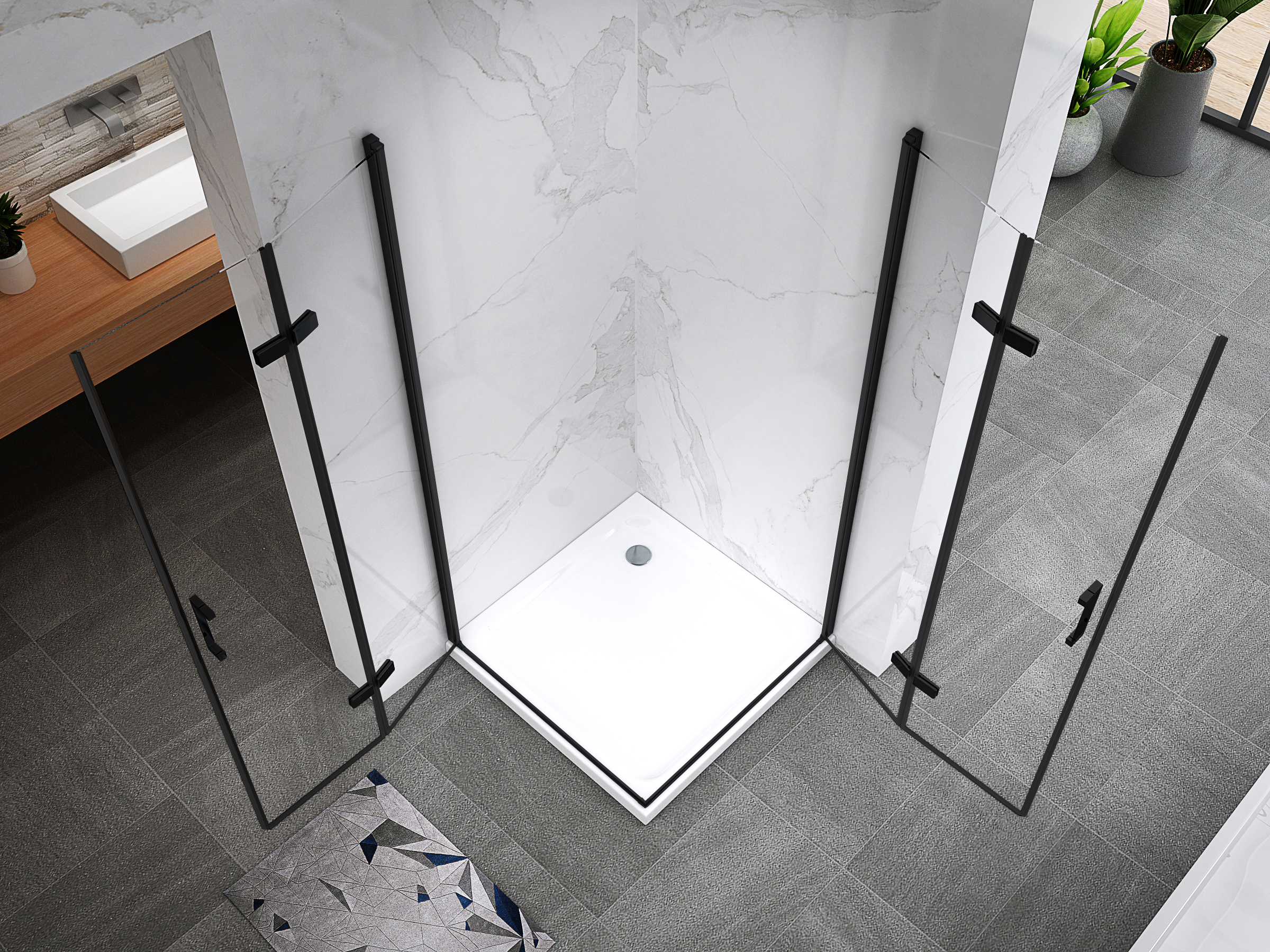 Eckeinstieg Matilde BLACK mit Falttüren aus ESG Sicherheitsglas