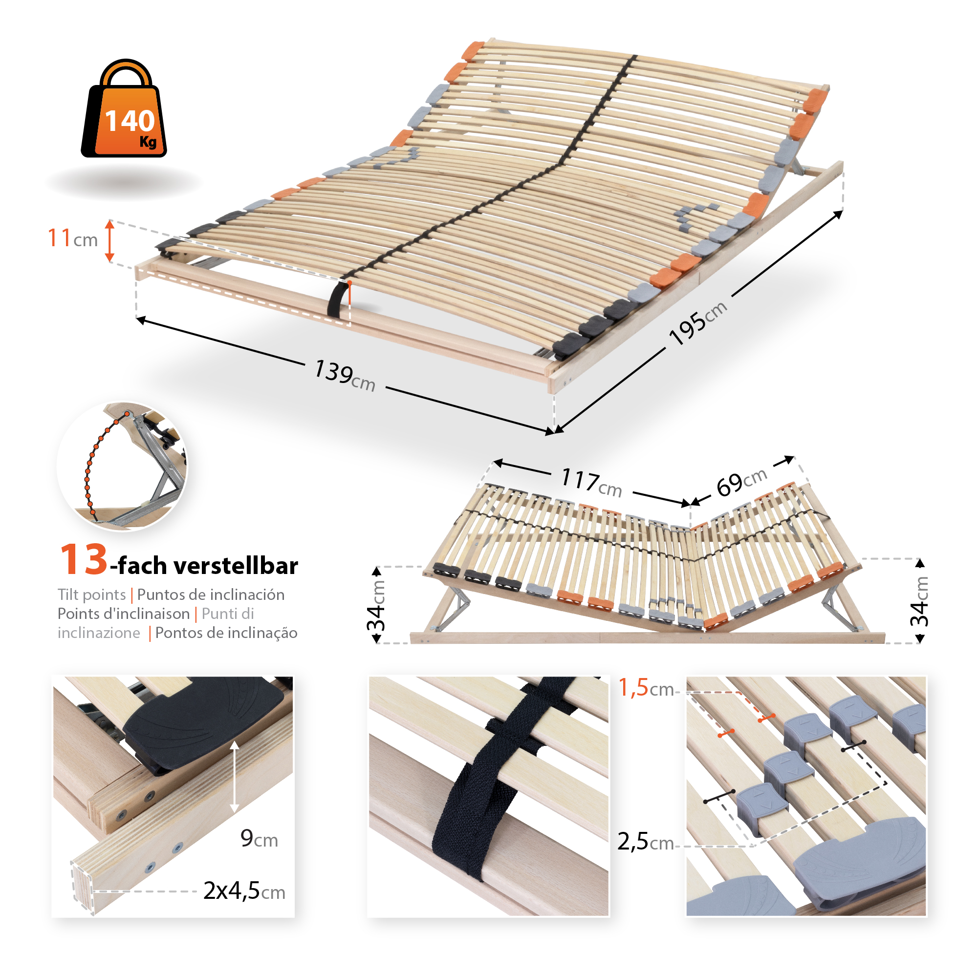7-Zonen Tellerlattenrost TFlex30 - Starr 140x200 cm Zone – Slatted Frame TFlexTrio 7- with Head and Foot Adjustment