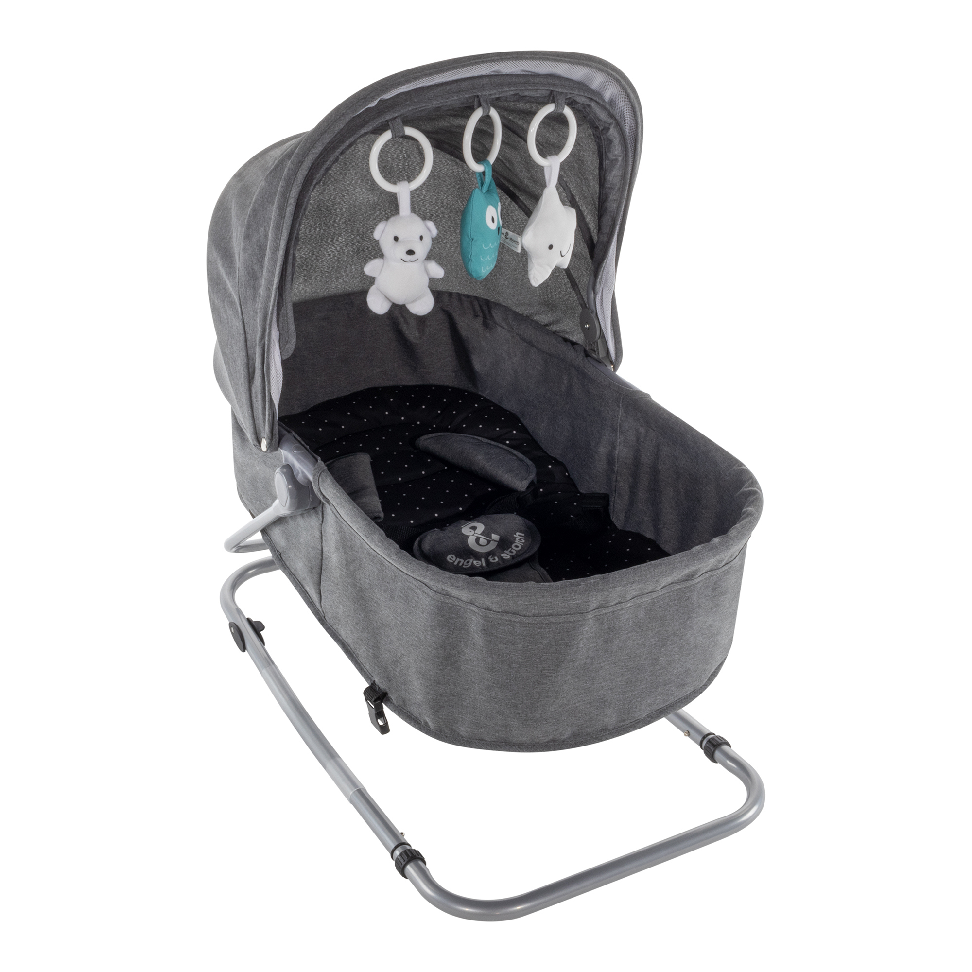 Babywippe PAVO mit Wiegenfunktion und Spielebogen Grau + Schwarz weiße Punkte