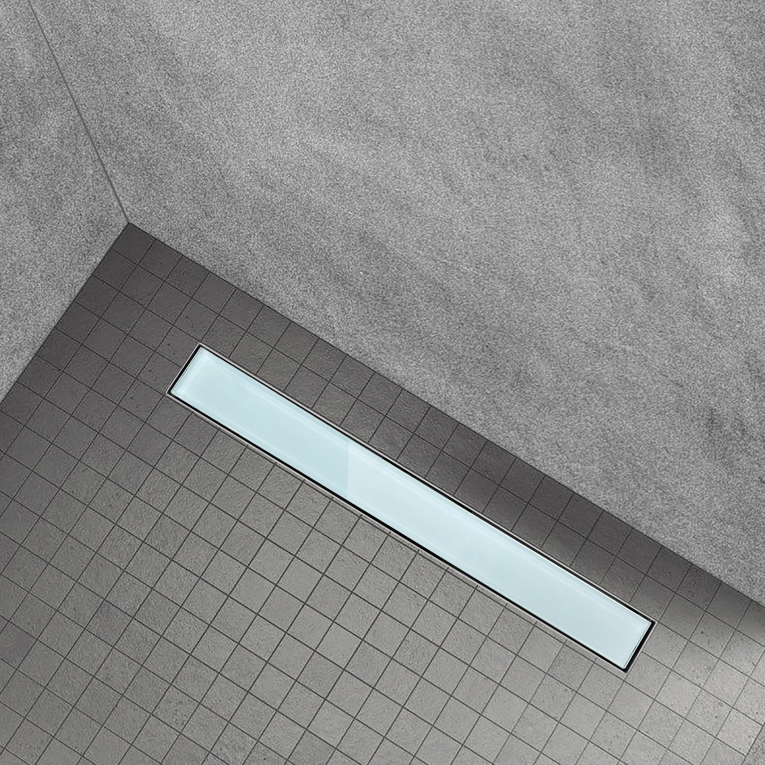 Duschrinne aus Edelstahl mit weißem Glas-Ablaufblende für flache Installation B3