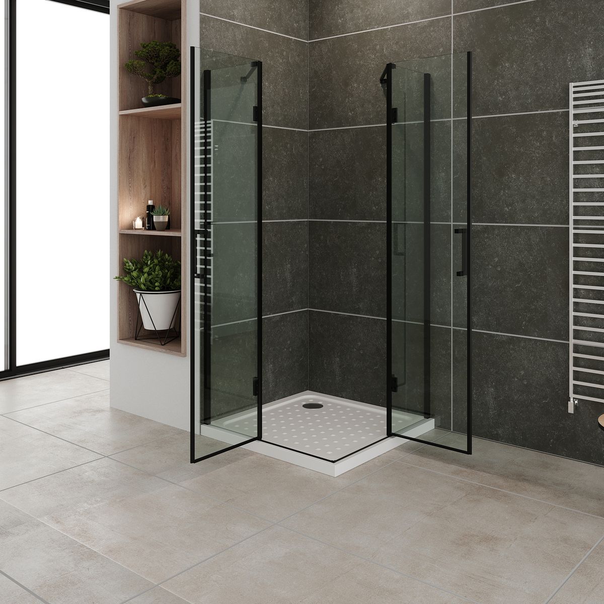 Eckeinstieg Celine mit Klapptüren und schwarzen Profilen aus ESG Sicherheitsglas Eckeinstieg Celine mit Klapptüren und schwarzen Profilen aus ESG Sicherheitsglas