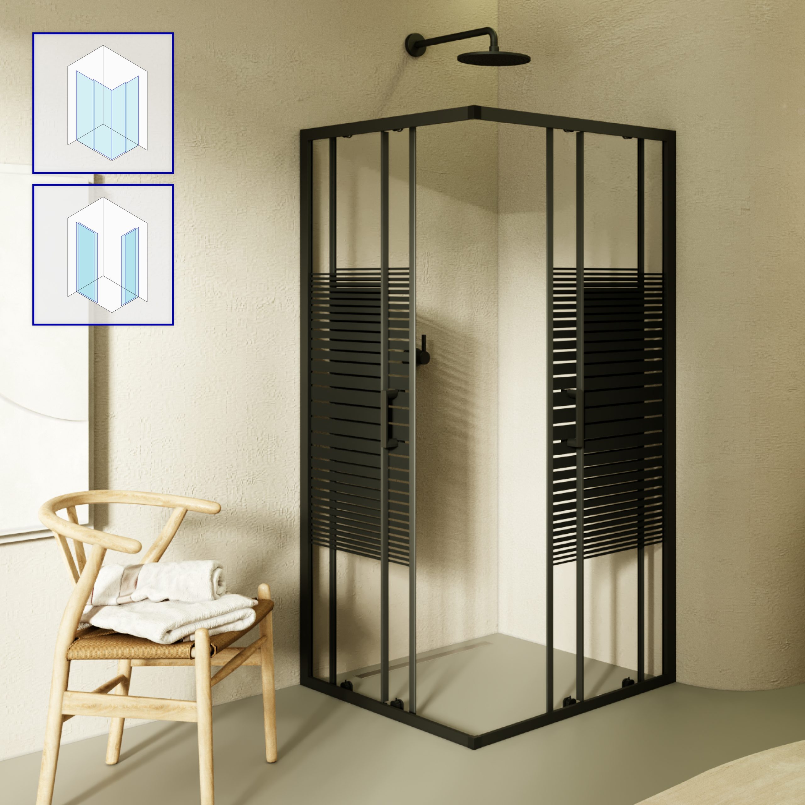 Corner entry Danielle with sliding doors made of black striped ESG safety glass.