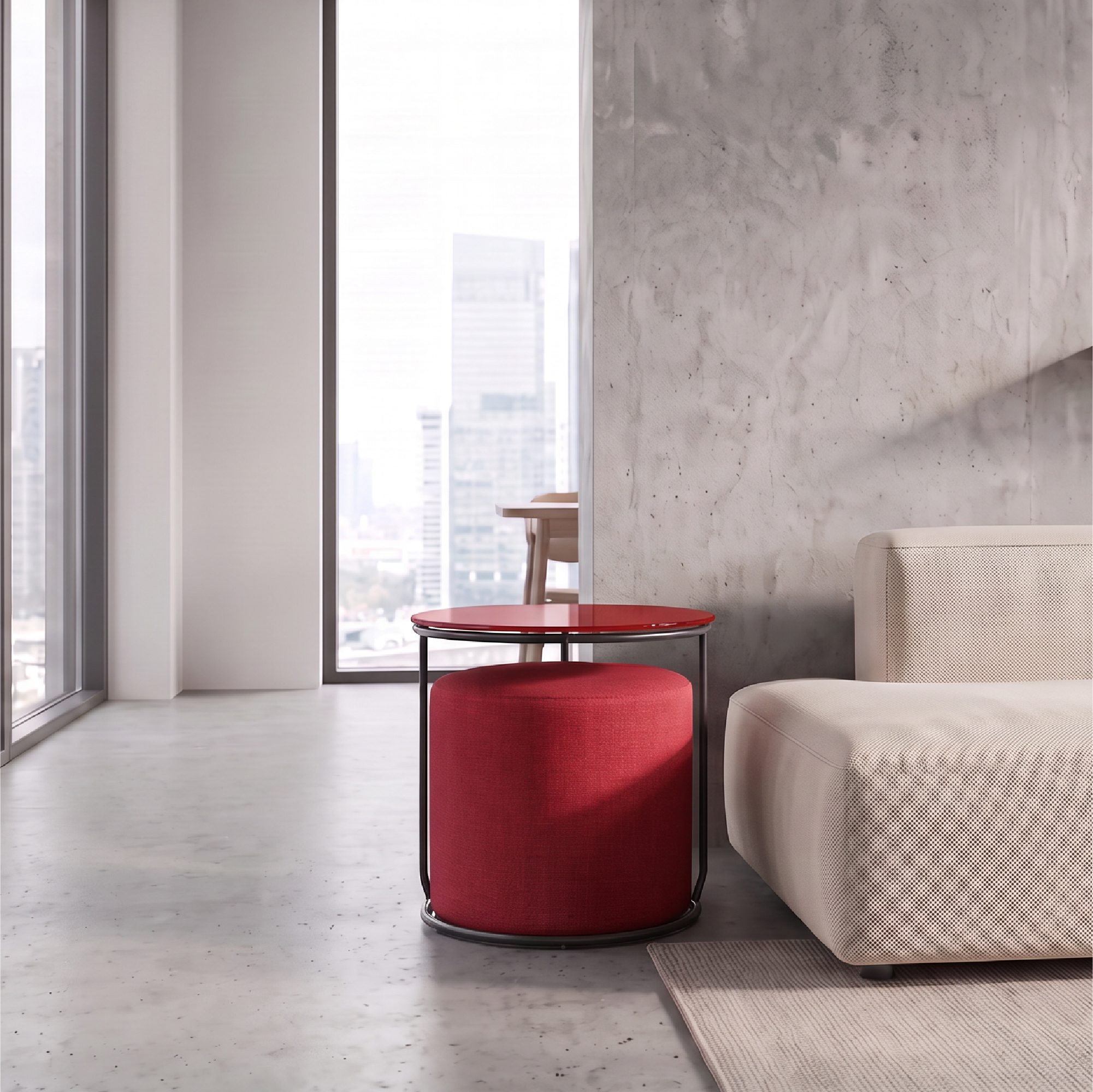 Side Table with Stool JASPER - Round Coffee Table 40x40 cm Black-Red N6