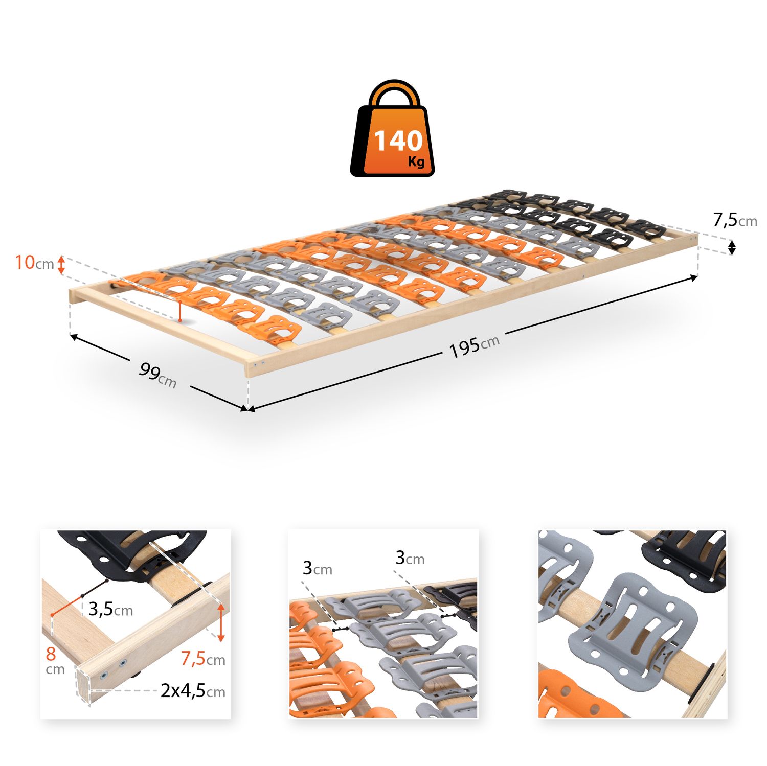 7-Zonen Tellerlattenrost TFlex50F - Starr 100x200 cm