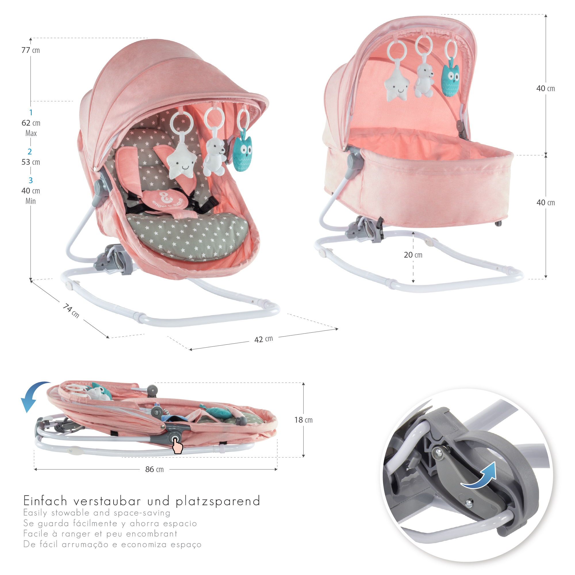 Babywippe PAVO mit Wiegenfunktion und Spielebogen