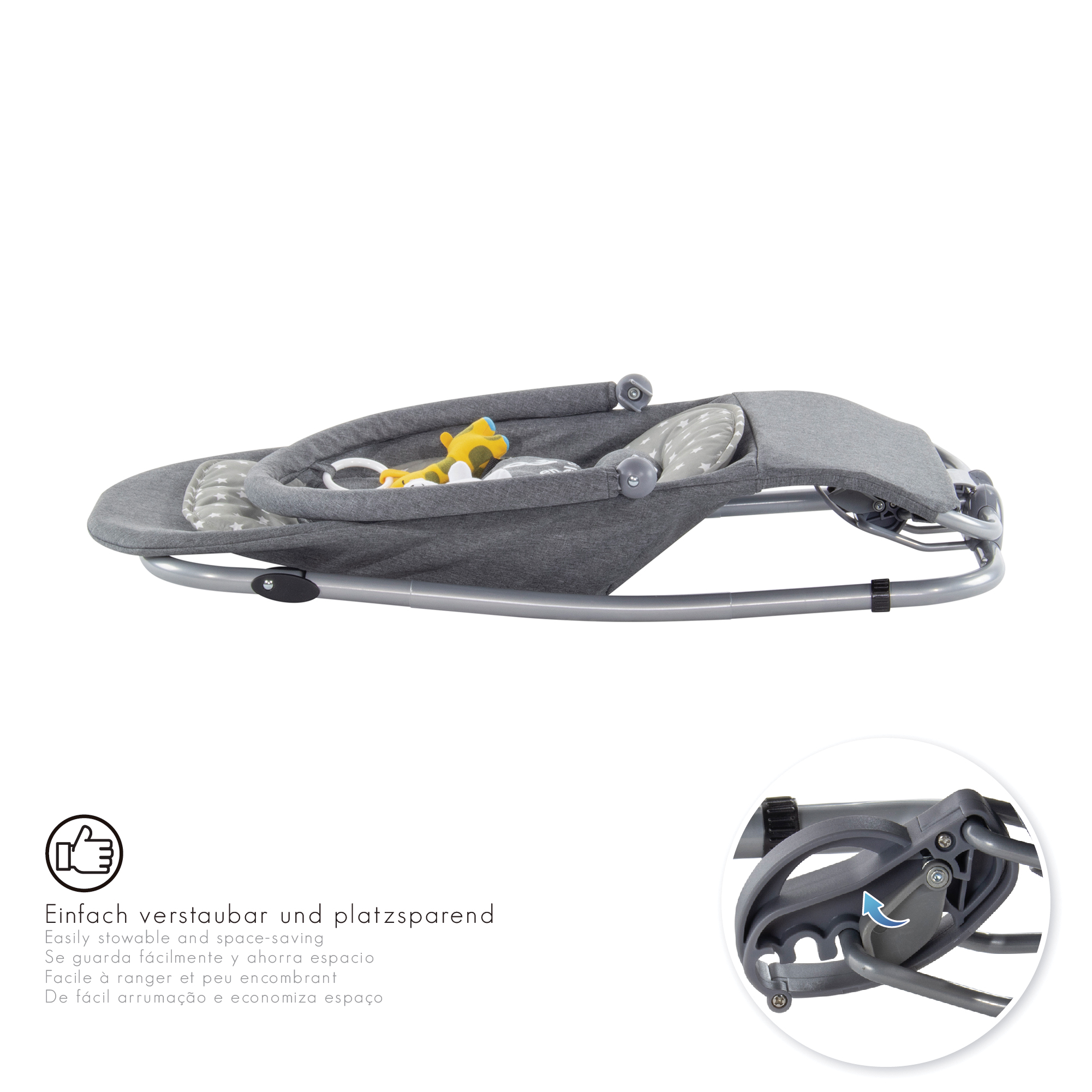 Babywippe VIENO mit abnehmbarem Bezug und Spielebogen Grau + Grau weiße Sterne