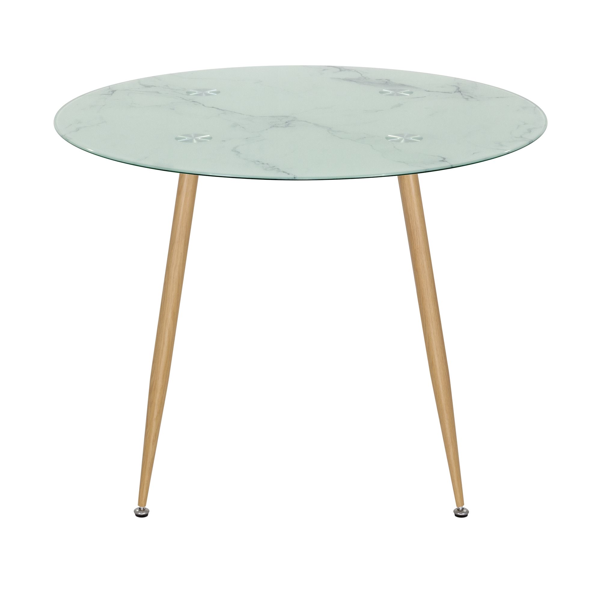 CORIN – Esszimmer-Tisch | Tischplatte: Glas in weißer Marmor Optik | Beine: Holz