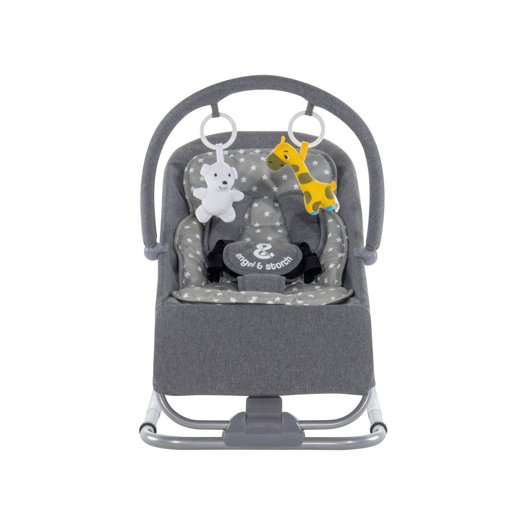 Babywippe VIENO mit abnehmbarem Bezug und Spielebogen Grau + Grau weiße Sterne
