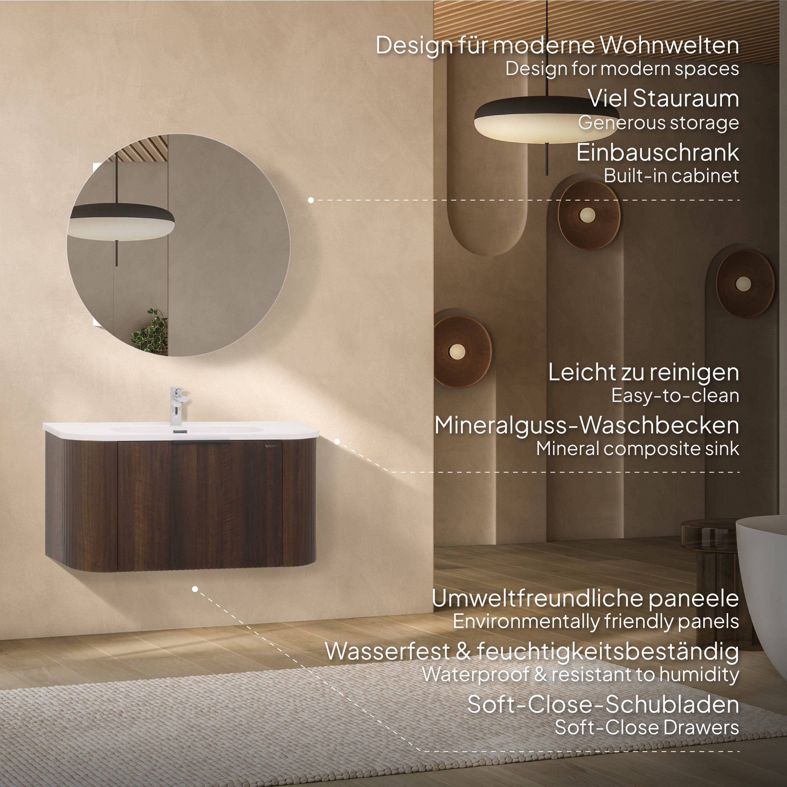 Badmöbel-Set Maia Plus, wandhängend, mit lamellenförmigem Nussbaumdekor, Mineralguss-Waschtisch und LED-Spiegel mit Antibeschlag