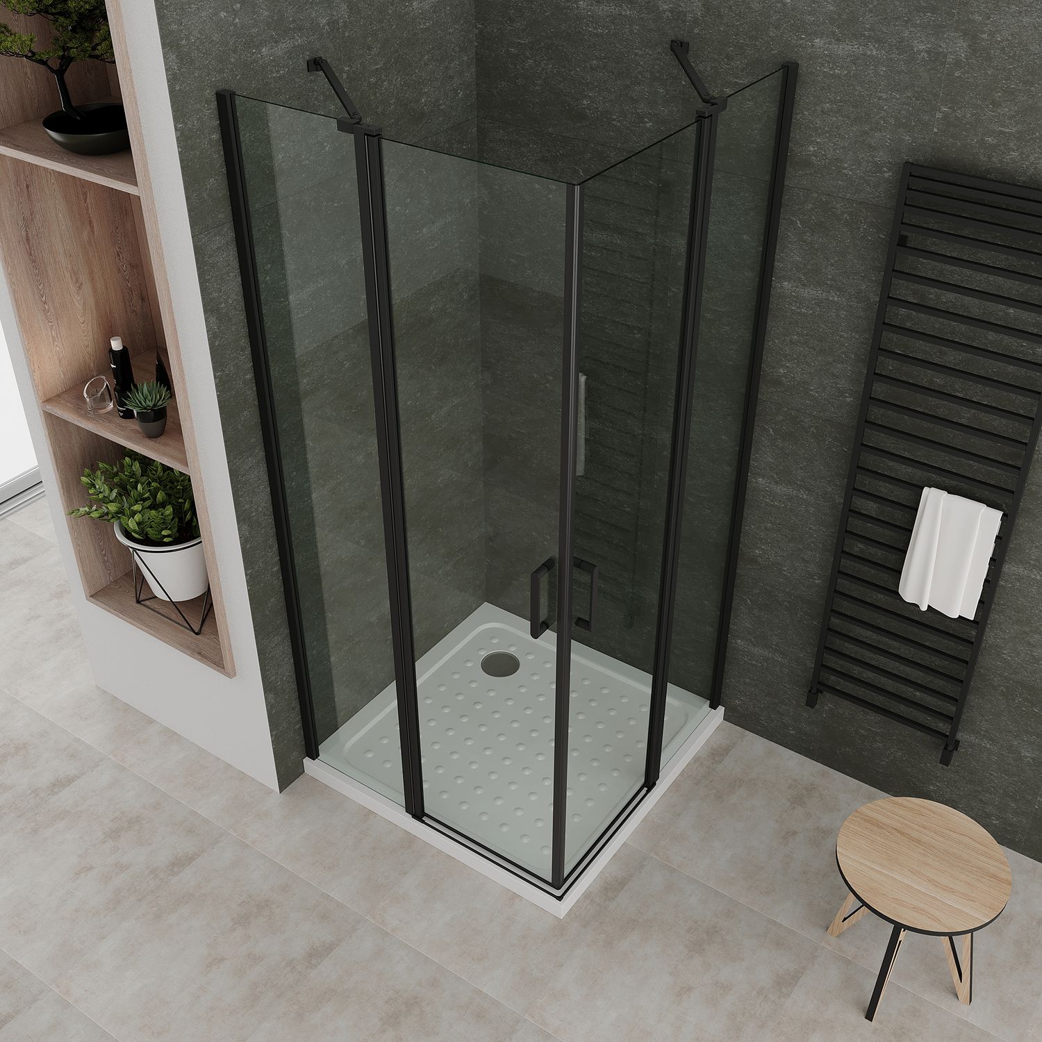 Eckeinstieg Linda mit Klapptüren und schwarzen Profilen aus ESG Sicherheitsglas Eckeinstieg Linda mit Klapptüren und schwarzen Profilen aus ESG Sicherheitsglas