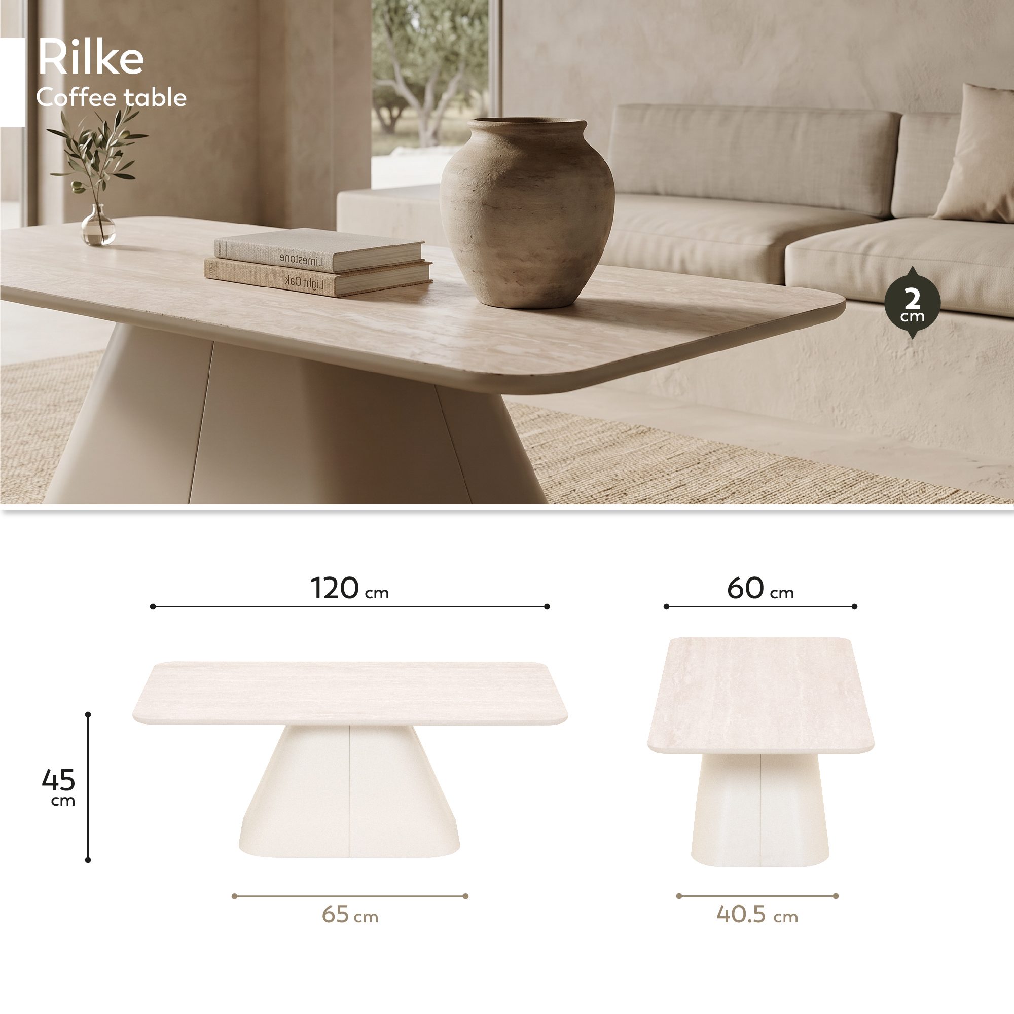 Rilke – Couchtisch mit Tischplatte in Steinoptik und Metallgestell in Beige