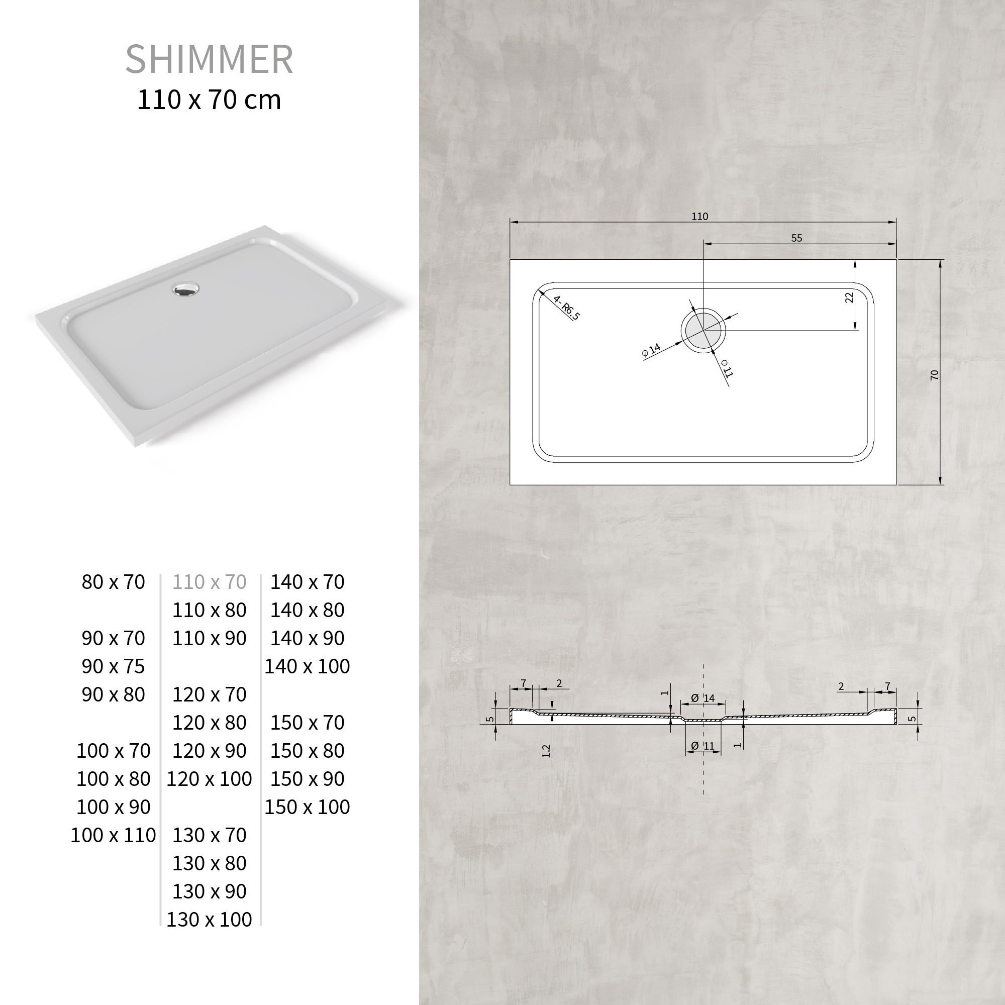 Tray – Shower Shimmer made of sanitary acrylic including waste fitting - White
