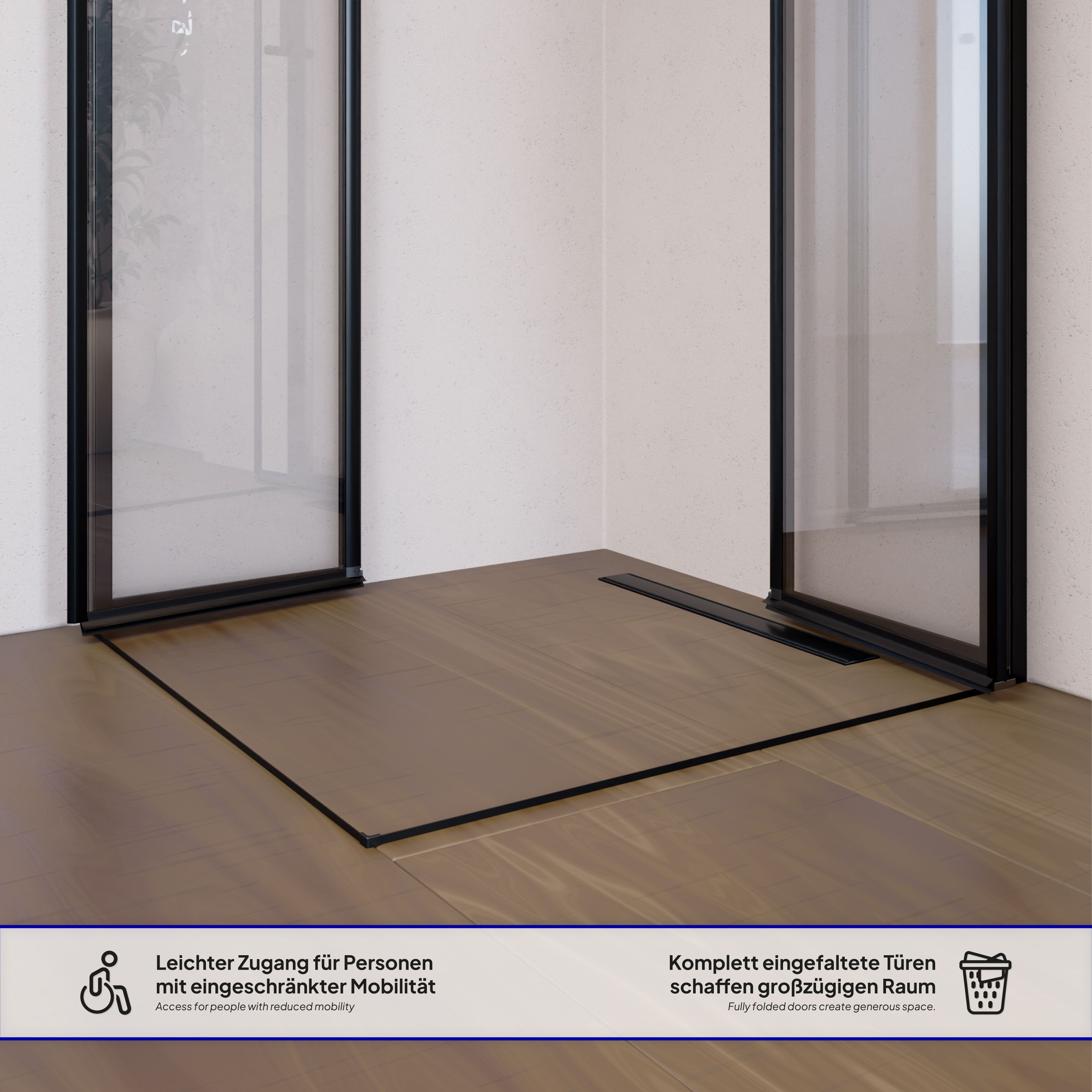 Corner entry Alina with folding doors and black profiles made of ESG safety glass.
