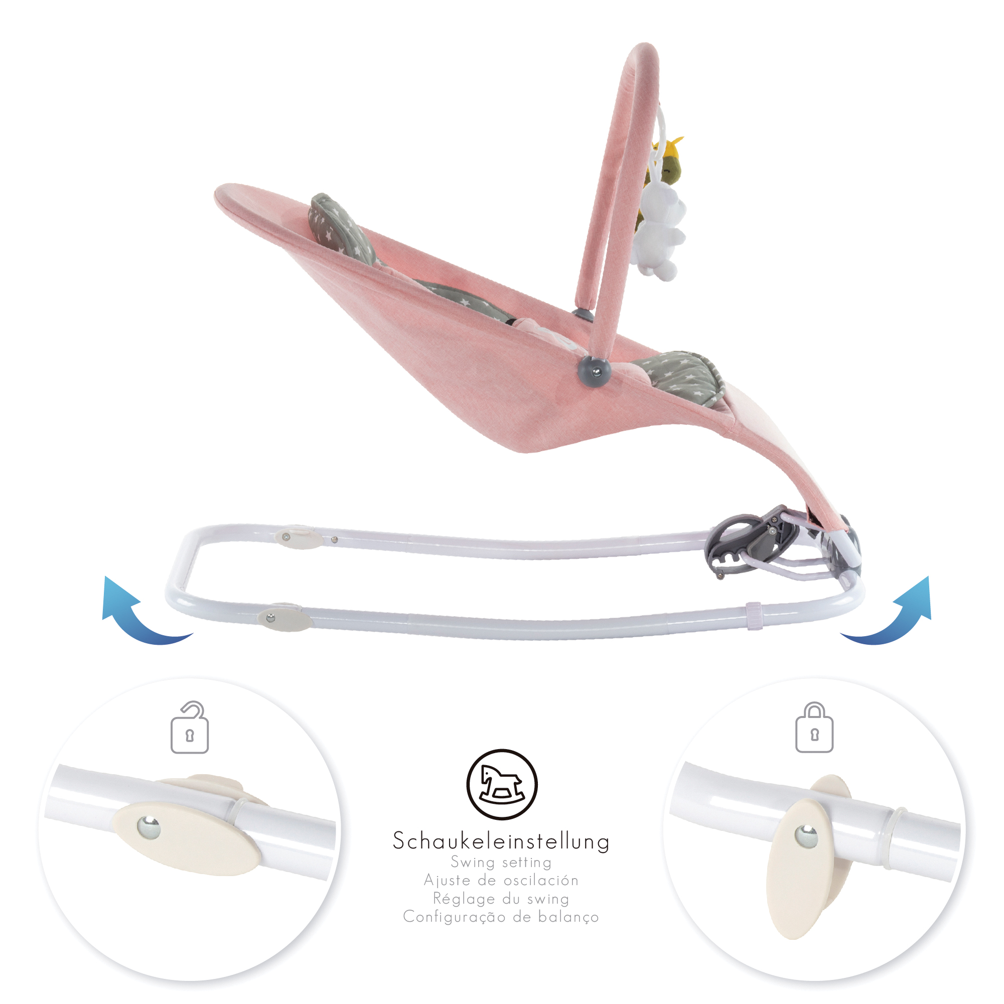 Babywippe VIENO mit abnehmbarem Bezug und Spielebogen Rosa + Grau weiße Sterne