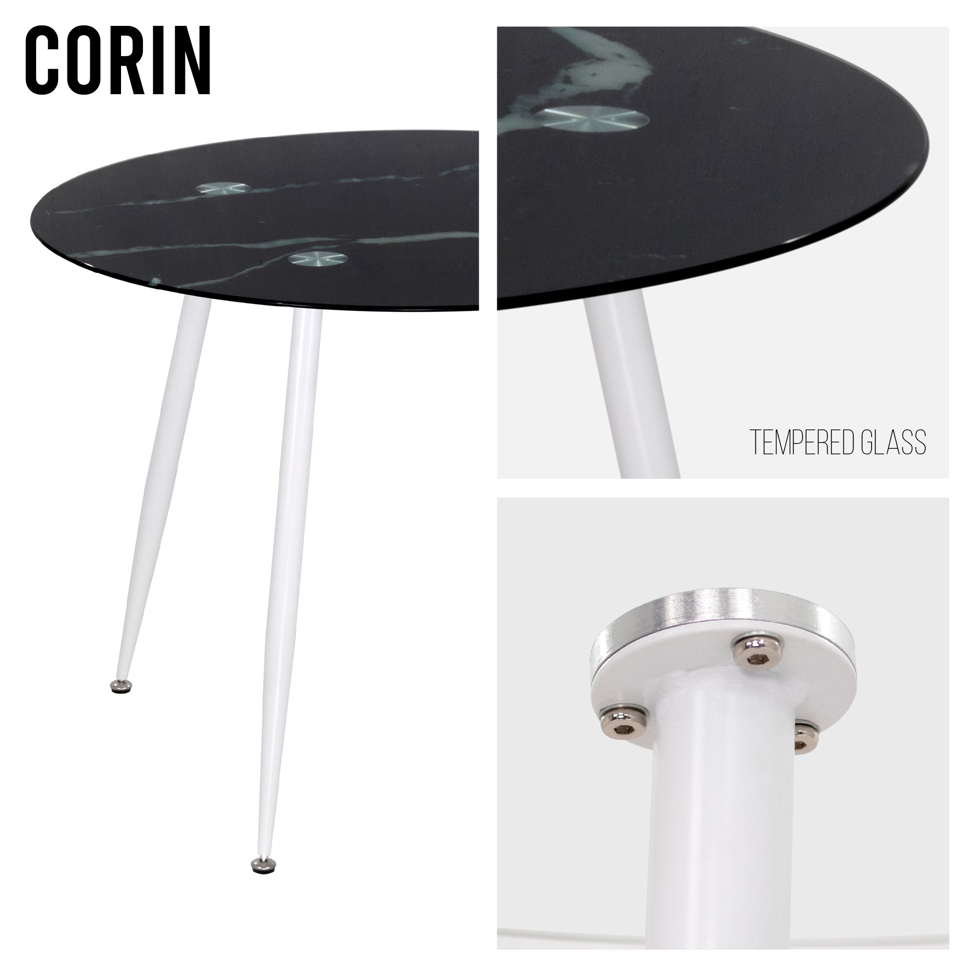 Esszimmer-Tisch CORIN | Tischplatte: Glas in schwarzer Marmor Optik | Beine: Weiß 80 cm