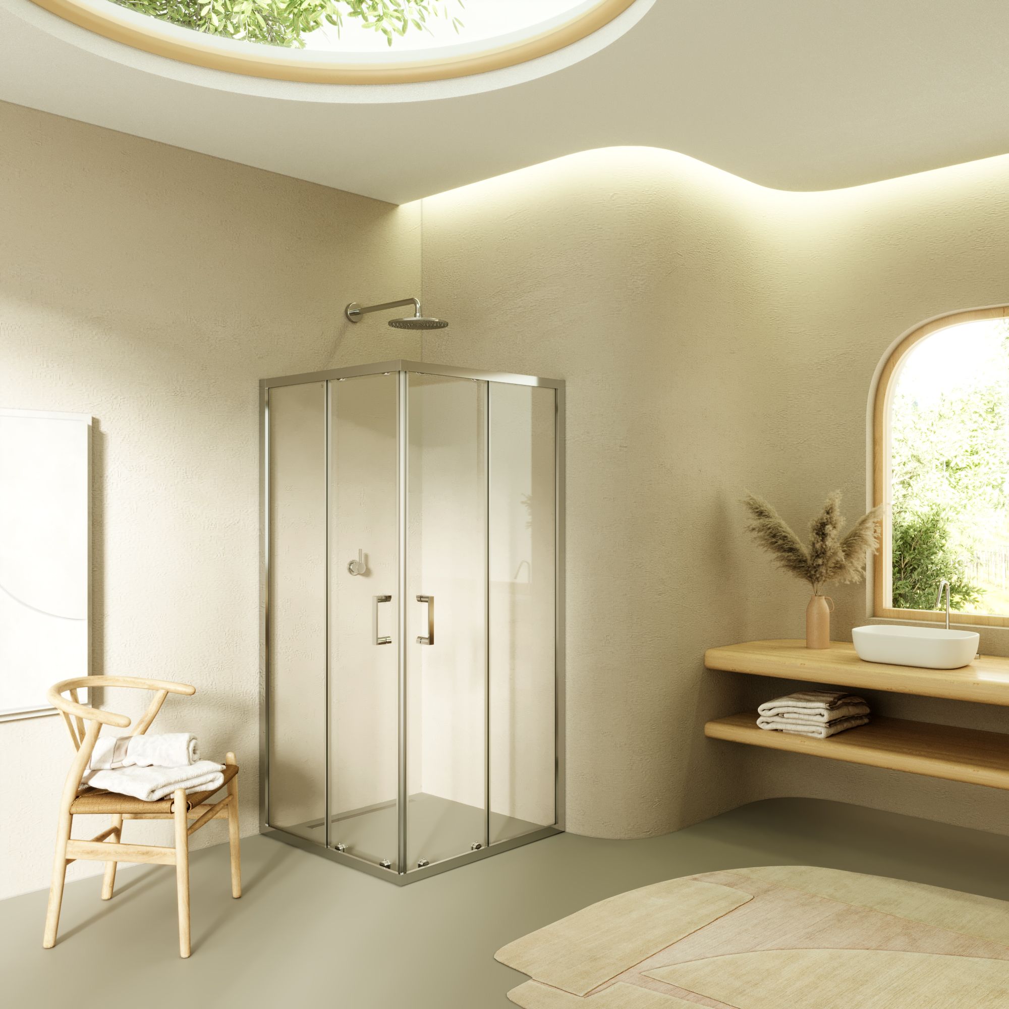 Eckeinstieg Diana mit Schiebetüren aus ESG Sicherheitsglas Diana – Corner Entry with Sliding Doors Made of Tempered Safety Glass