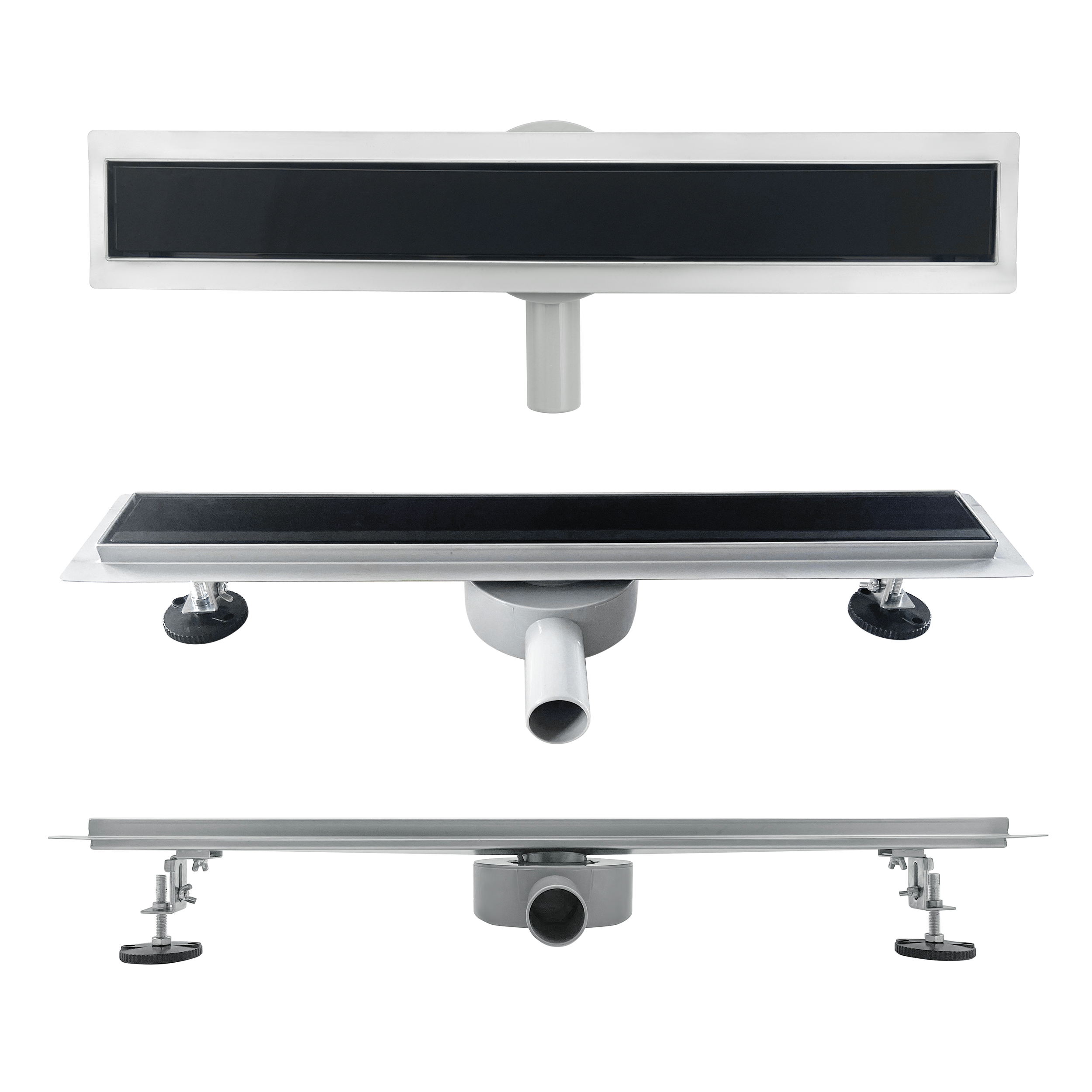 Duschrinne aus Edelstahl mit schwarzem Glas-Ablaufblende für flache Installation B2 Duschrinne aus Edelstahl mit schwarzem Glas-Ablaufblende für flache Installation B2