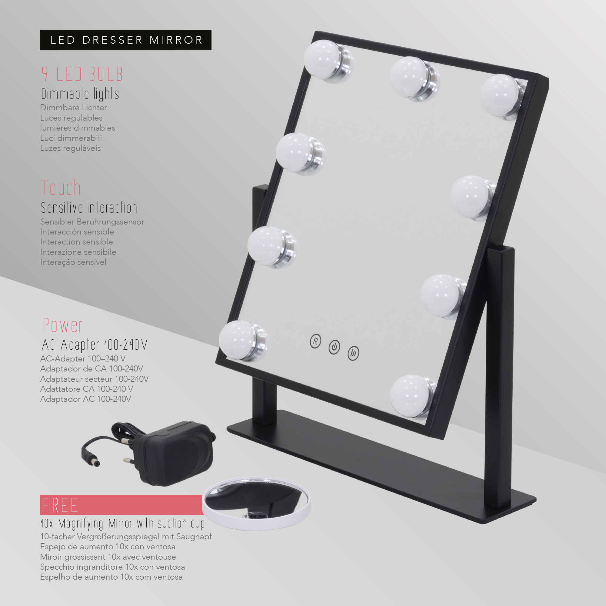 Schminkspiegel Bulb TINY mit 9 dimmbaren LED-Lampen Schwarz Schminkspiegel Bulb TINY mit 9 dimmbaren LED-Lampen Schwarz