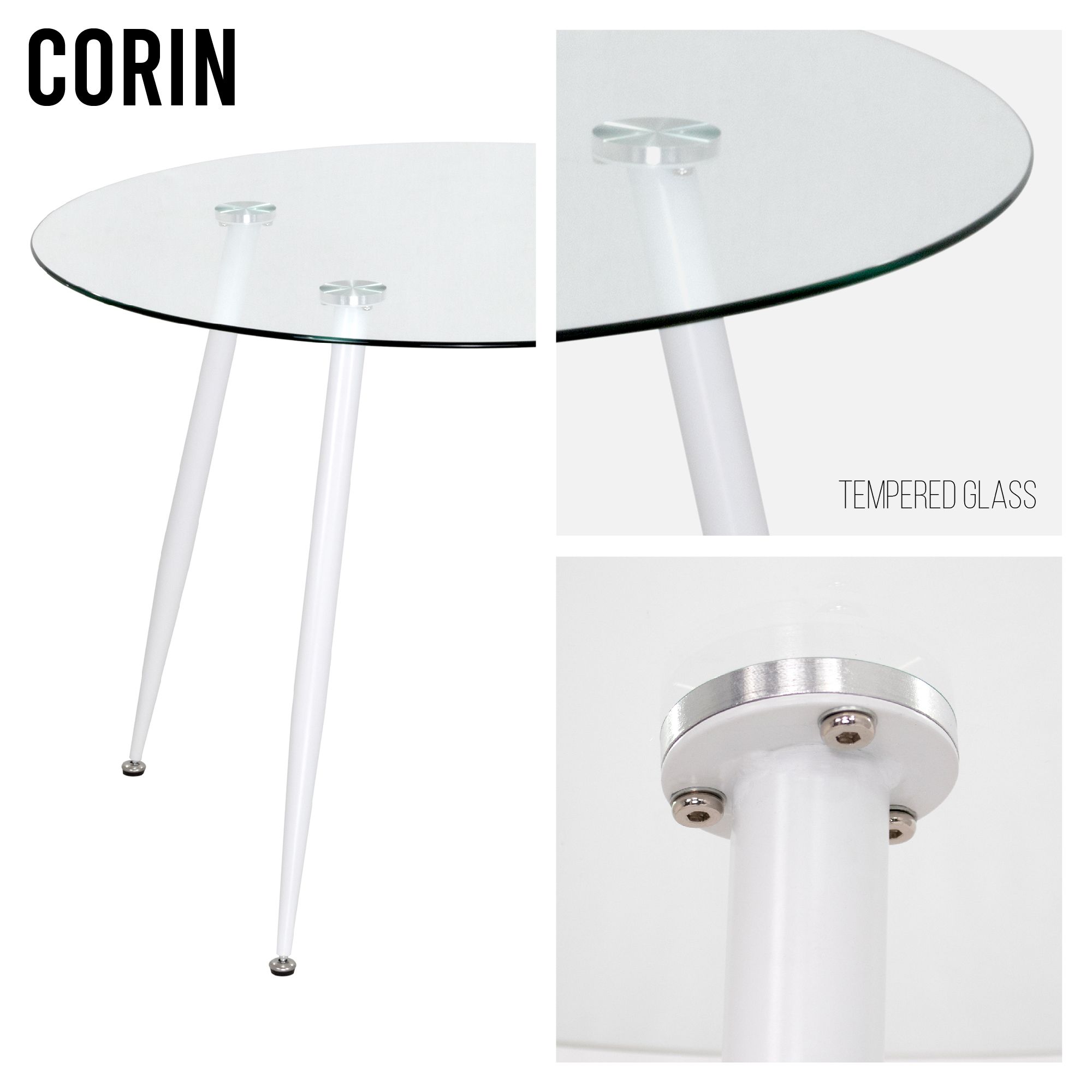 Esszimmer-Tisch CORIN | Tischplatte: Transparentes Glas | Beine: Weiß 80 cm