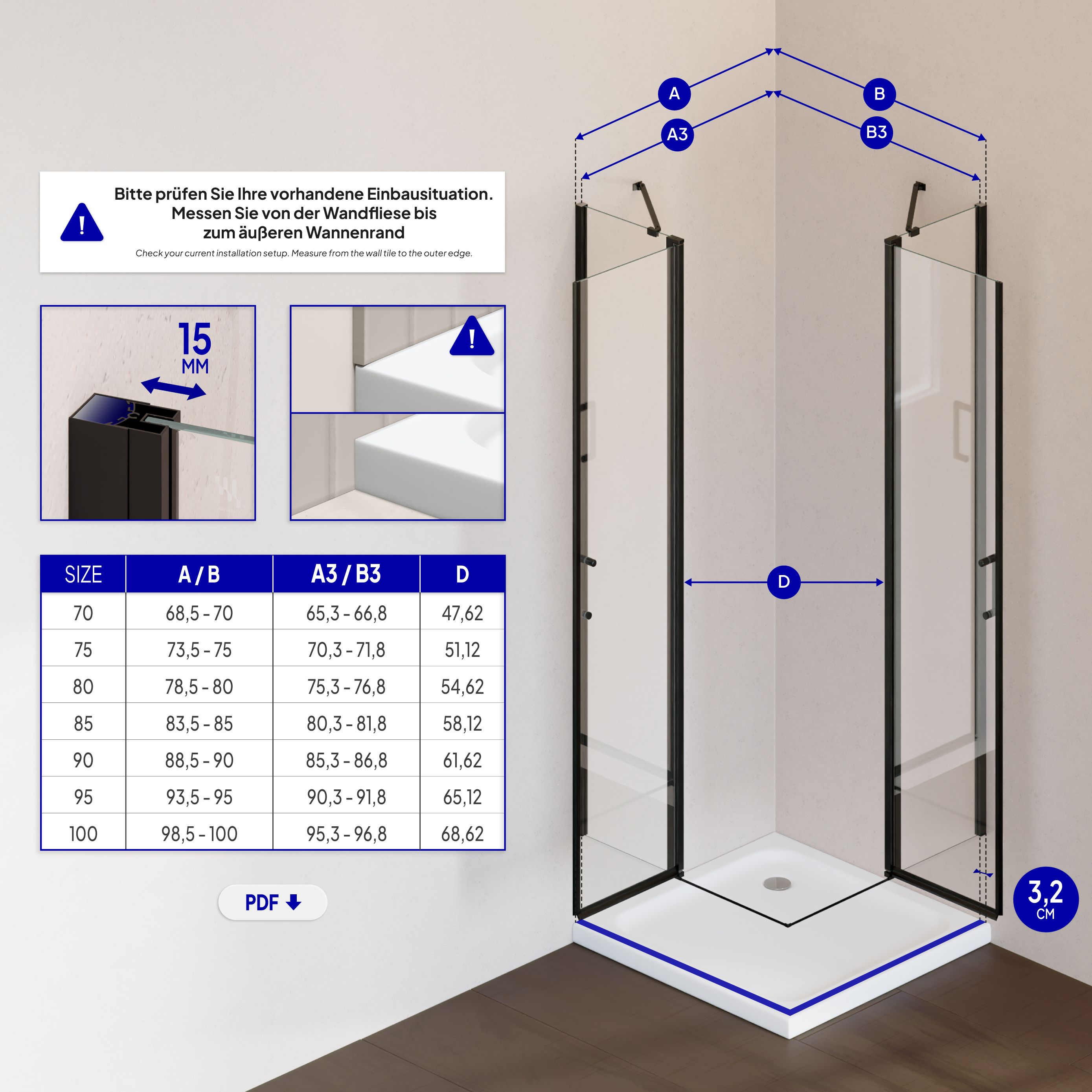 Corner Entry Linda with Folding Doors and Black Profiles Made of ESG Safety Glass