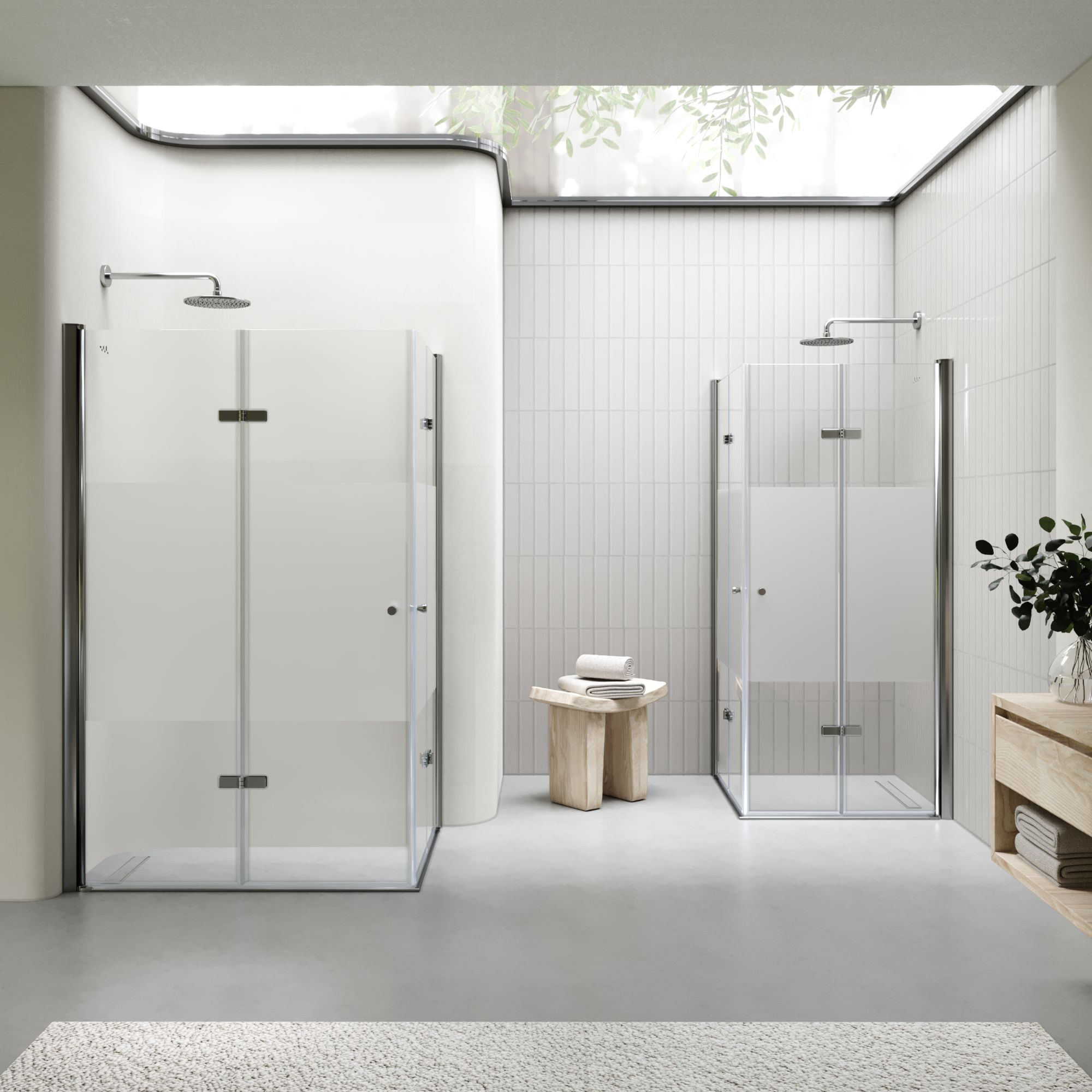 Eckeinstieg Emma mit Falttüren aus teilsatiniertem ESG Sicherheitsglas Eckeinstieg Emma mit Falttüren aus teilsatiniertem ESG Sicherheitsglas