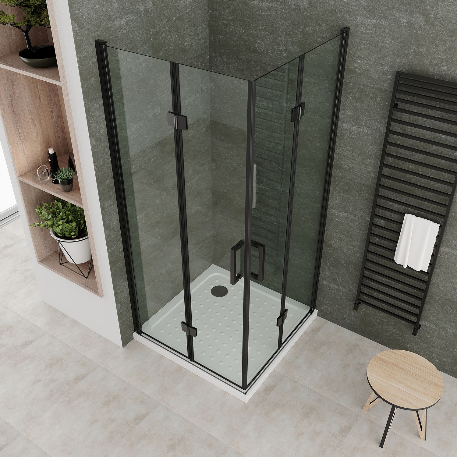 Eckeinstieg Belle mit Falttüren und schwarzen Profilen aus ESG Sicherheitsglas