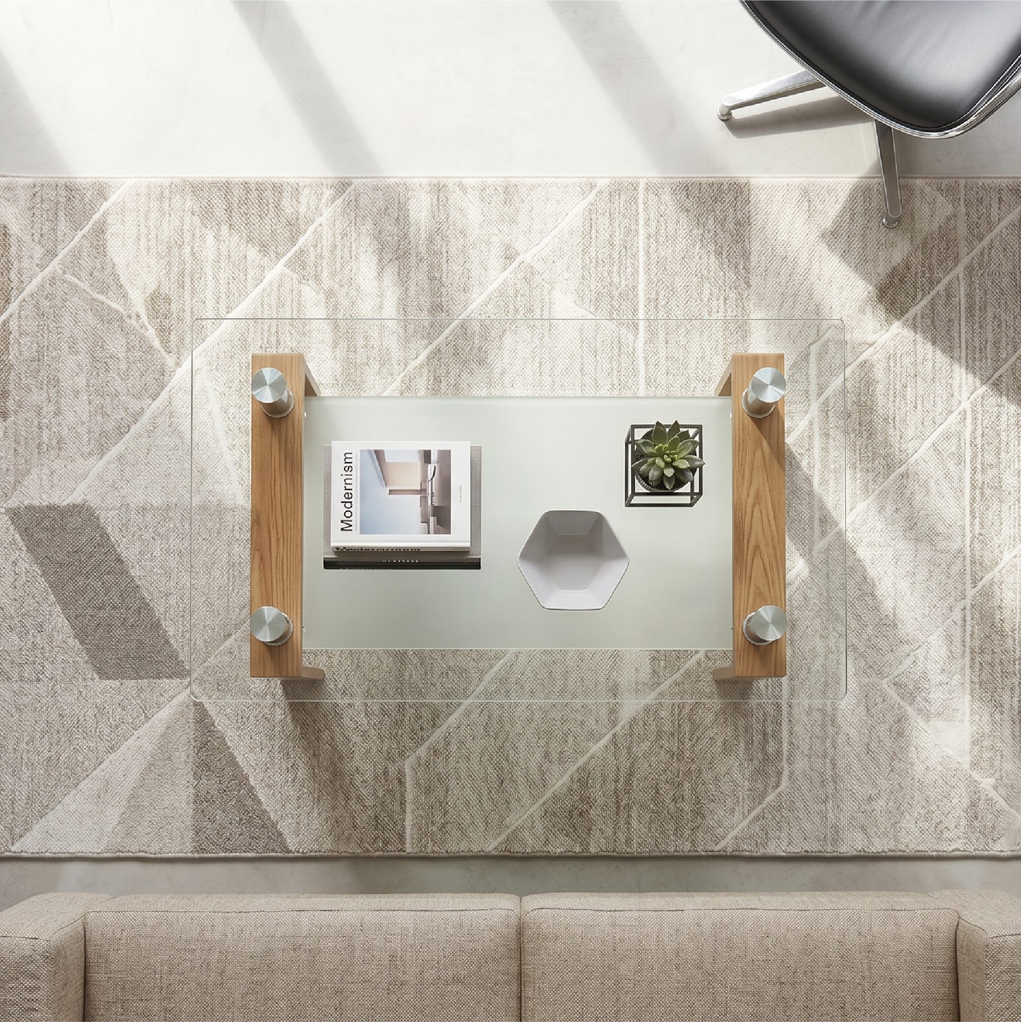 Coffee Table PORTER made of Glass/Metal with Oak-Colored Wood