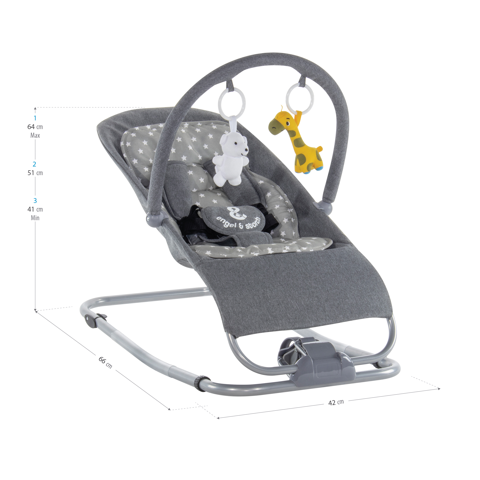 Babywippe VIENO mit abnehmbarem Bezug und Spielebogen Grau + Grau weiße Sterne Babywippe VIENO mit abnehmbarem Bezug und Spielebogen Grau + Grau weiße Sterne