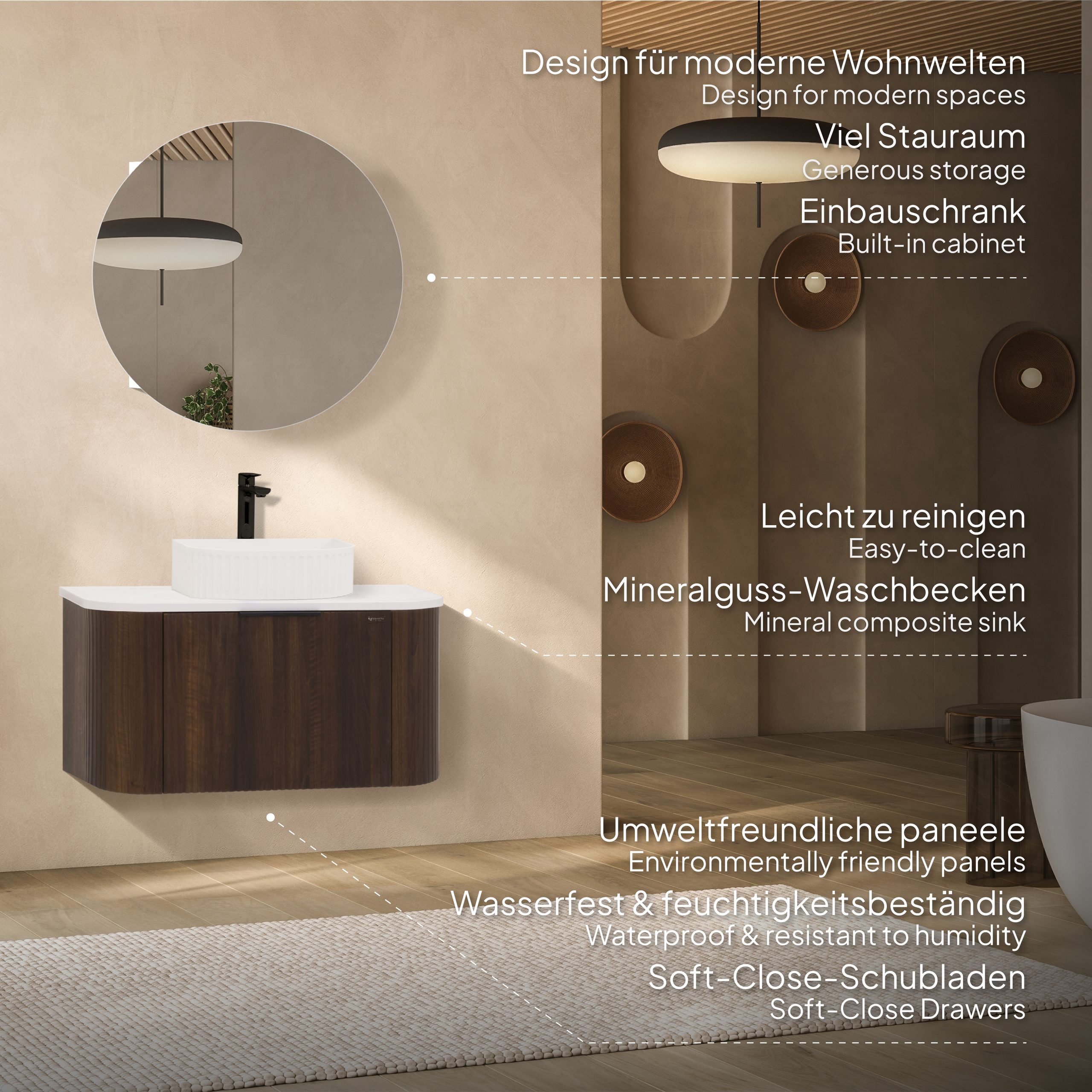 Badmöbel-Set Maia Nußbaum, wandhängend, mit Steinplatte und Waschtisch aus Mineralguss sowie LED-Spiegel mit Antibeschlagfunktion, gerillte Textur Badmöbel-Set Maia Nußbaum, wandhängend, mit Steinplatte und Waschtisch aus Mineralguss sowie LED-Spiegel mit Antibeschlagfunktion, gerillte Textur