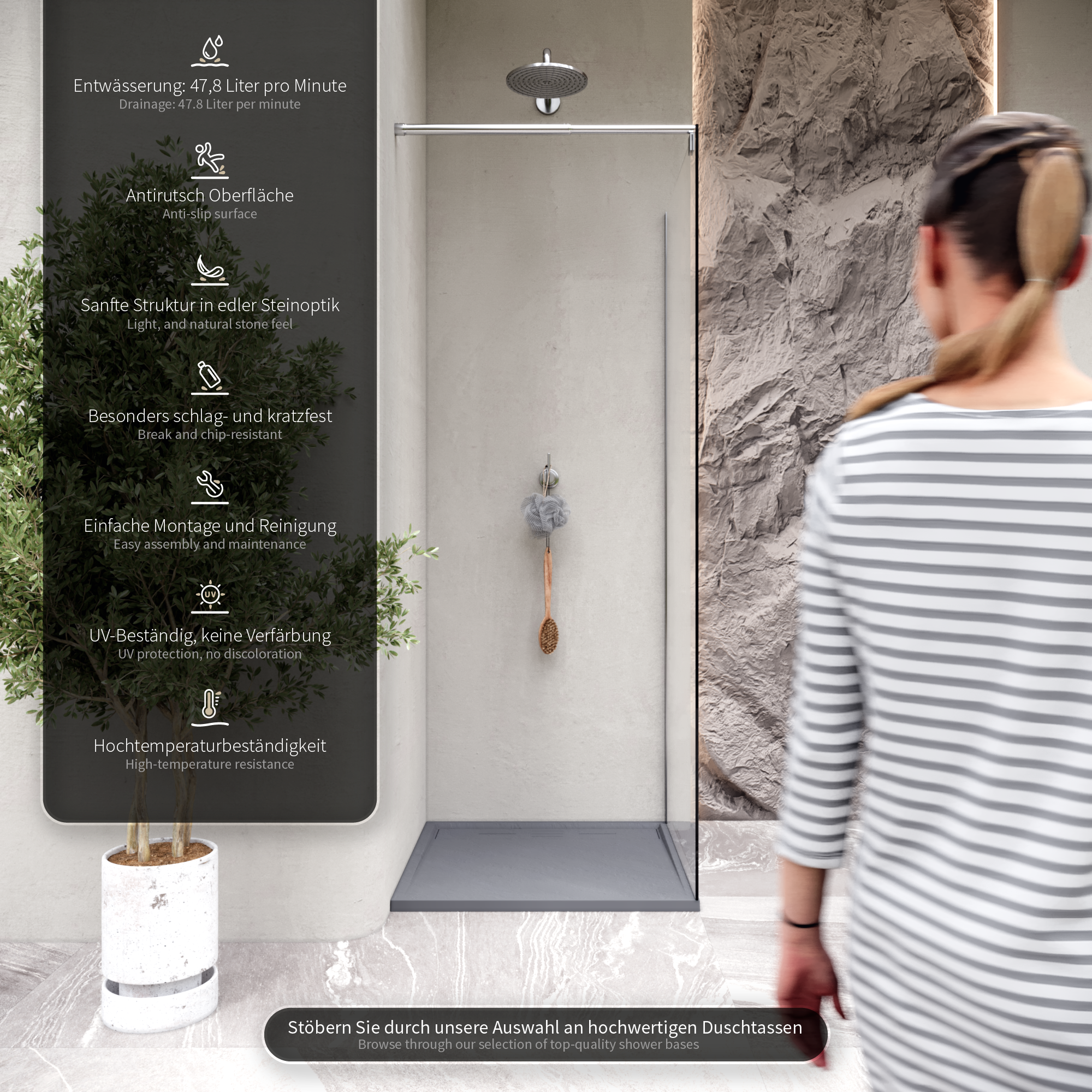 09-Call-to-action-DE.png Duschwanne Shimmer STONE aus Sanitäracryl inkl. Ablaufgarnitur - Grau