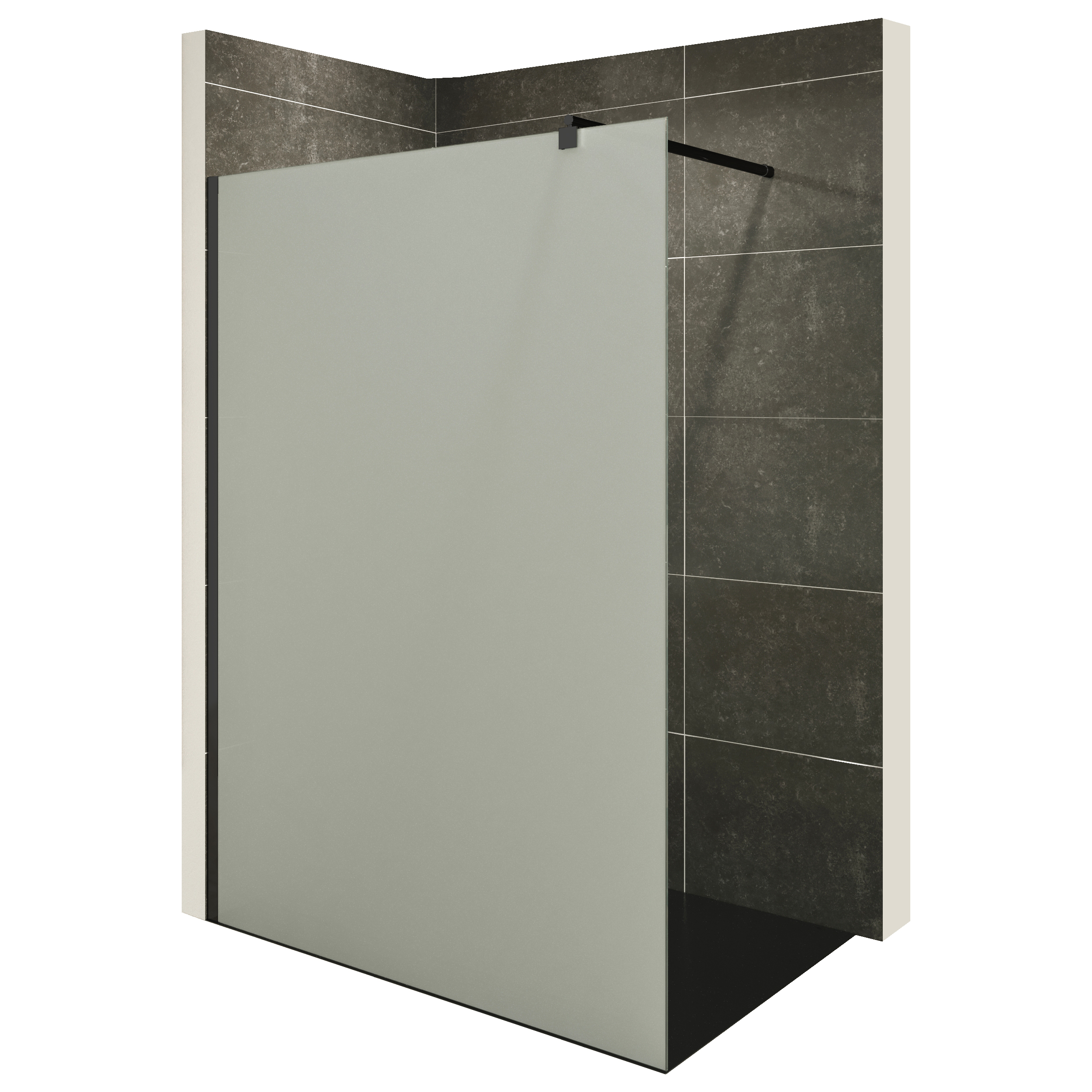Walk In Dusche FIONA BLACK aus 10 mm starkem satiniertem ESG Sicherheitsglas Walk-In Shower Fiona made of 10 mm thick satin-finished ESG safety glass with a black aluminum profile.