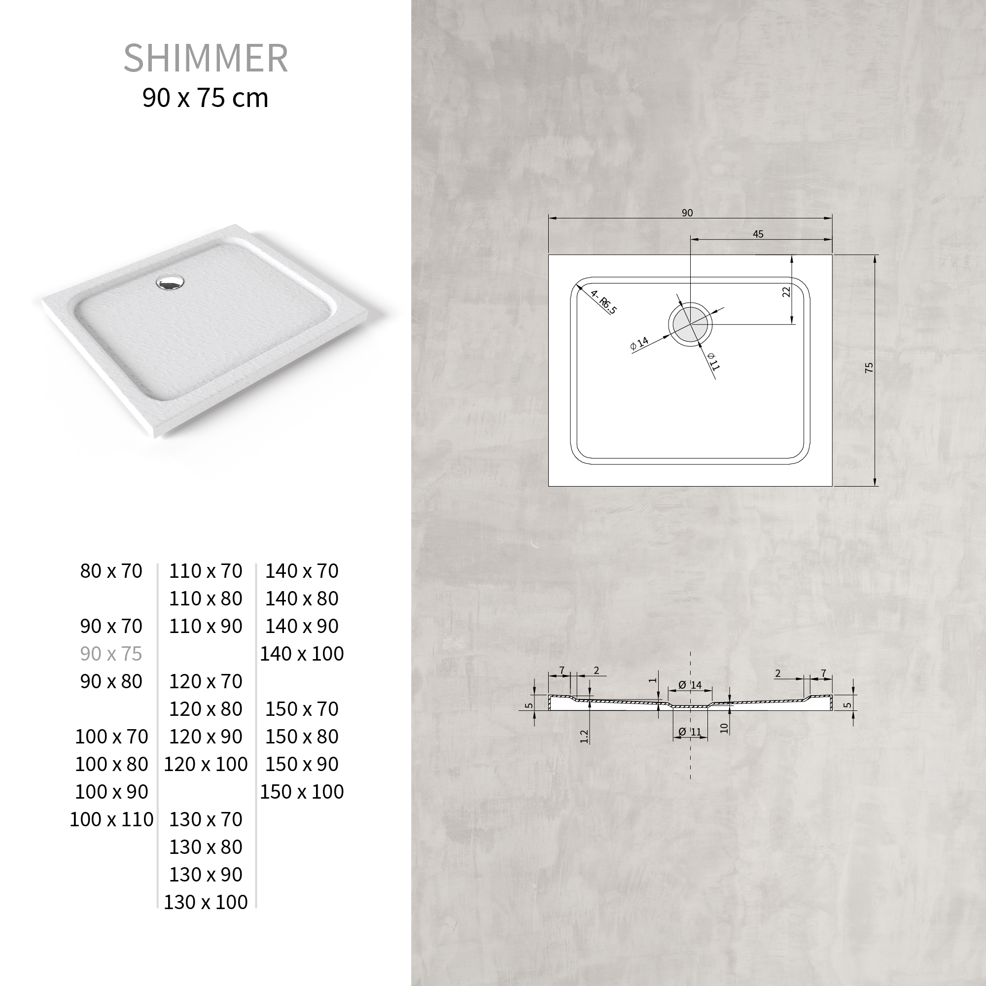 Duschwanne Shimmer STONE aus Sanitäracryl inkl. Ablaufgarnitur - Weiß 75x90 cm
