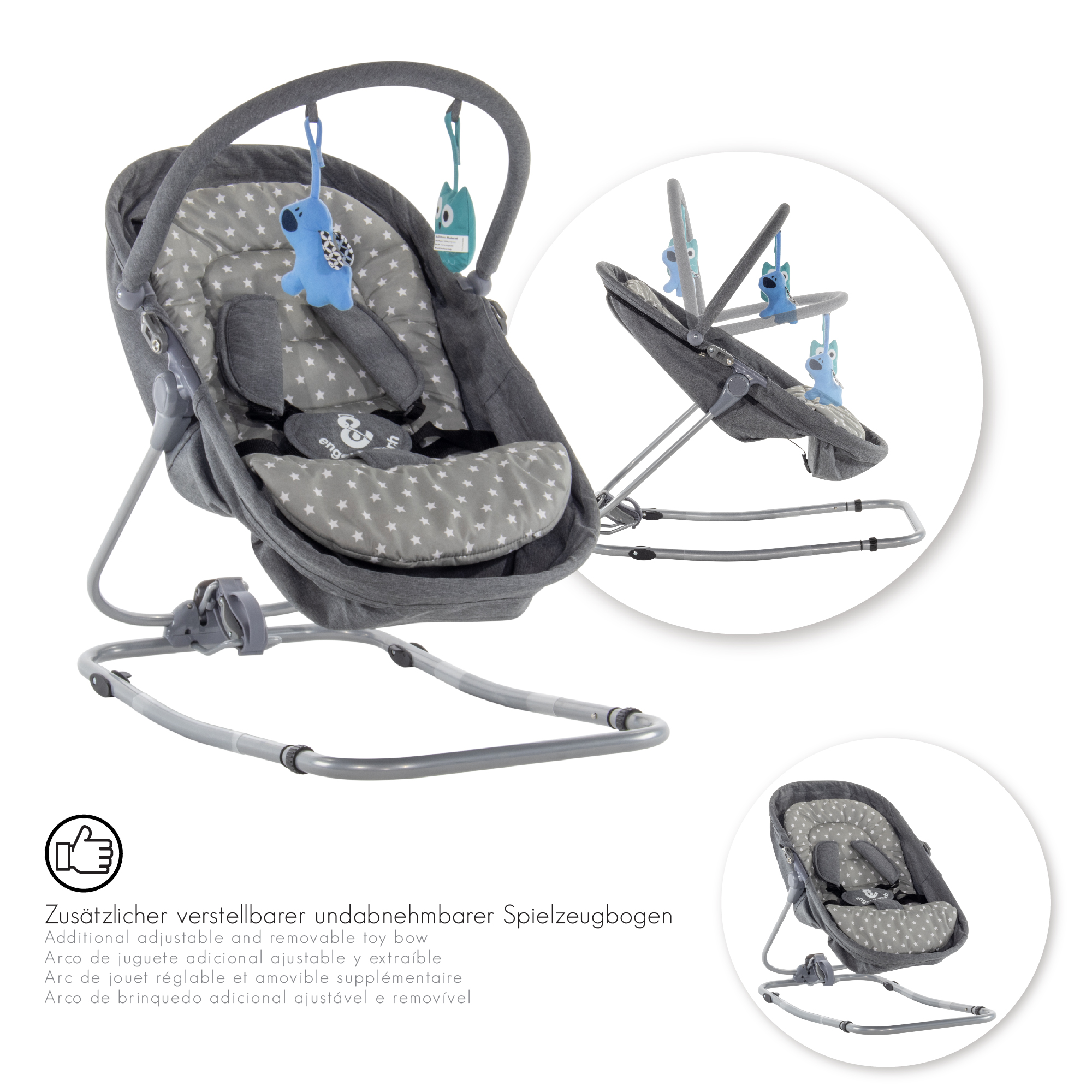 Babywippe PAVO mit Wiegenfunktion und Spielebogen Grau + Grau mit weißen Sterne