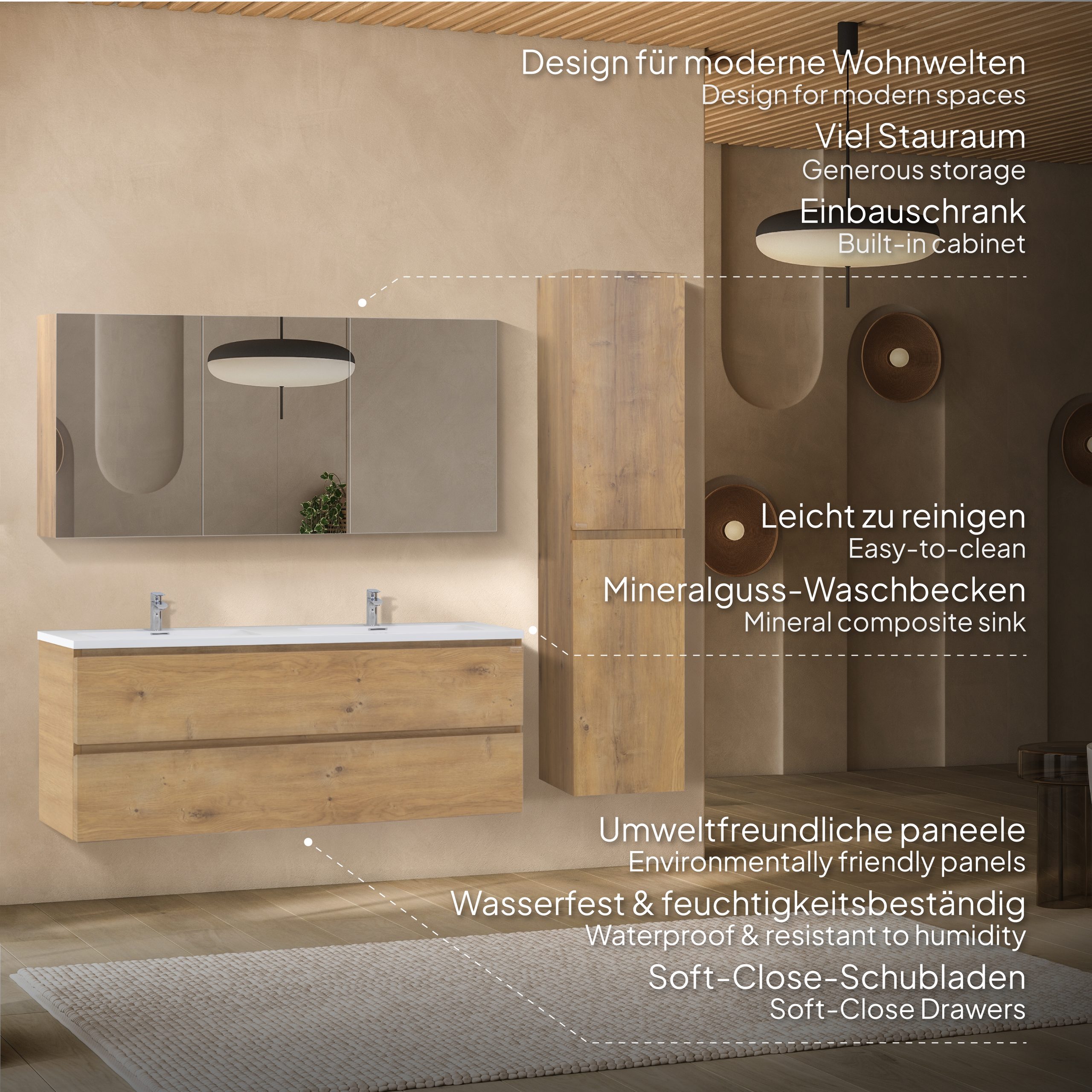 Badmöbel-Set Atena [120 cm] mit Mineralharz-Waschbecken in Hochglanz Weiß, Unterschrank mit Spiegel und hängendem Hochschrank in Eiche
