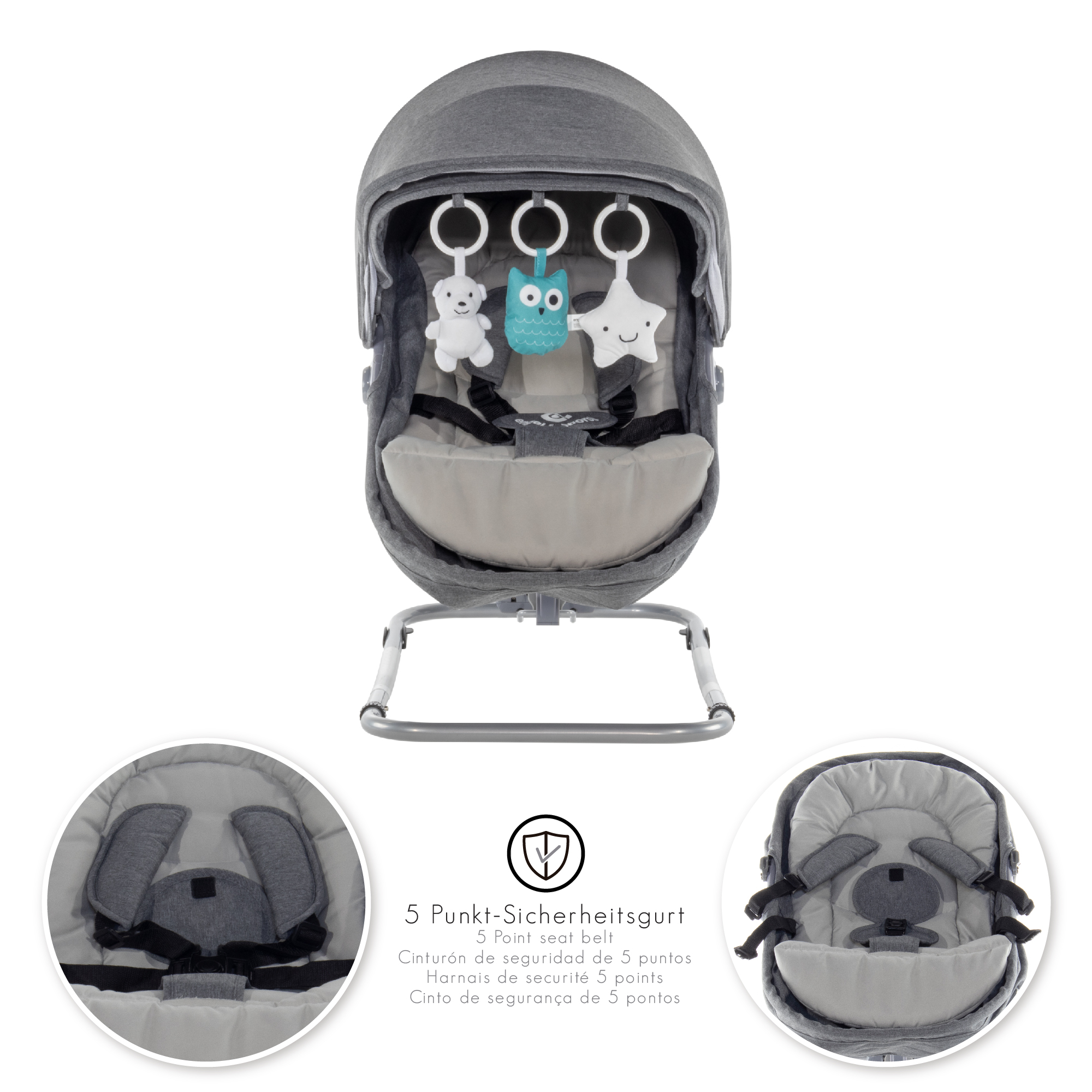 Babywippe PAVO mit Wiegenfunktion und Spielebogen Grau + Grau Babywippe PAVO mit Wiegenfunktion und Spielebogen Grau + Grau