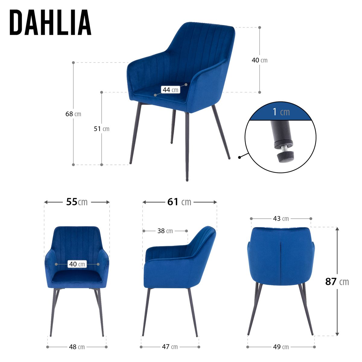 Esszimmerstuhl Wohnzimmerstuhl Dahlia Blau aus Kunstleder Living – Dining Chair Room Chair Dahlia Blue in Velvet