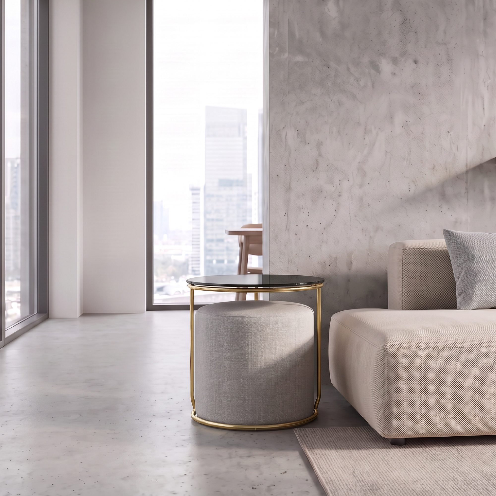 Side Table with Stool JASPER Round Coffee Table 40x40 cm Gold-Grey N8