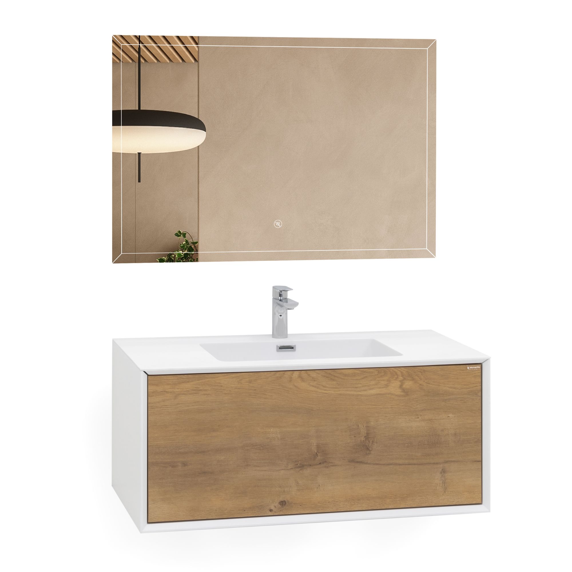 Badmöbelset Hebe 90 cm – Weiß Matt & Eiche, Mineralguss-Waschbecken & LED-Antibeschlag-Spiegel Hebe – Badmöbelset 90 cm – Weiß Matt & Eiche, Mineralguss-Waschbecken & LED-Antibeschlag-Spiegel