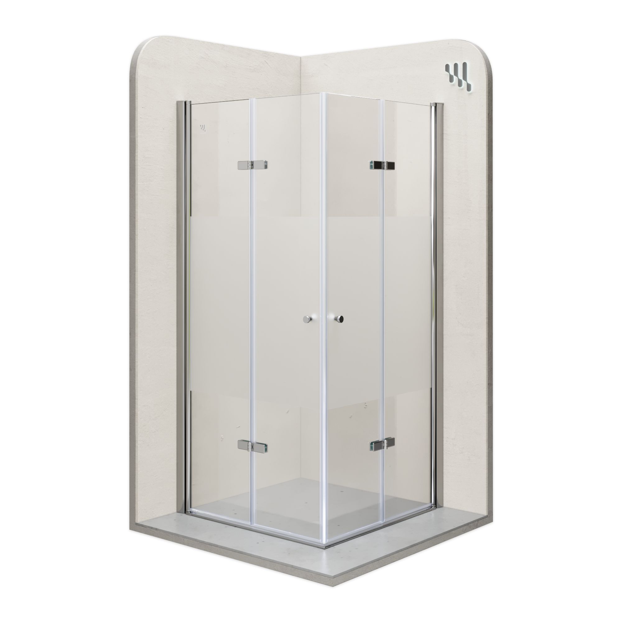 Eckeinstieg Emma mit Falttüren aus teilsatiniertem ESG Sicherheitsglas Eckeinstieg Emma mit Falttüren aus teilsatiniertem ESG Sicherheitsglas