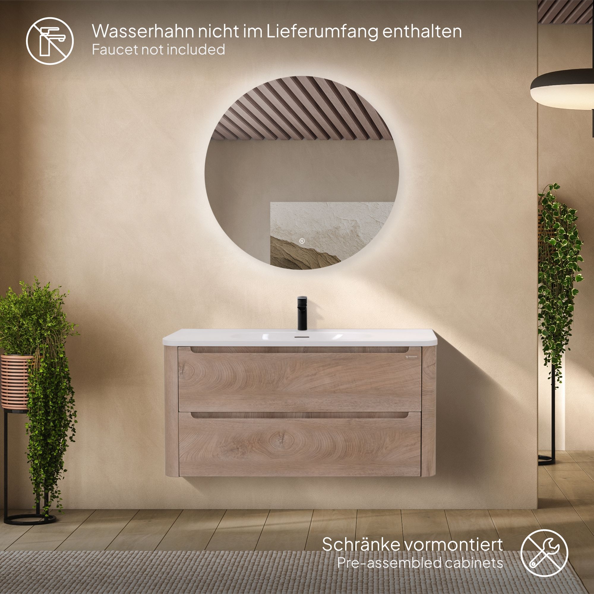 Badezimmermöbel Vesta – 100 cm Eiche hell, integriertes Waschbecken + LED-Spiegel Badezimmermöbel Vesta – 100 cm Eiche hell, integriertes Waschbecken + LED-Spiegel