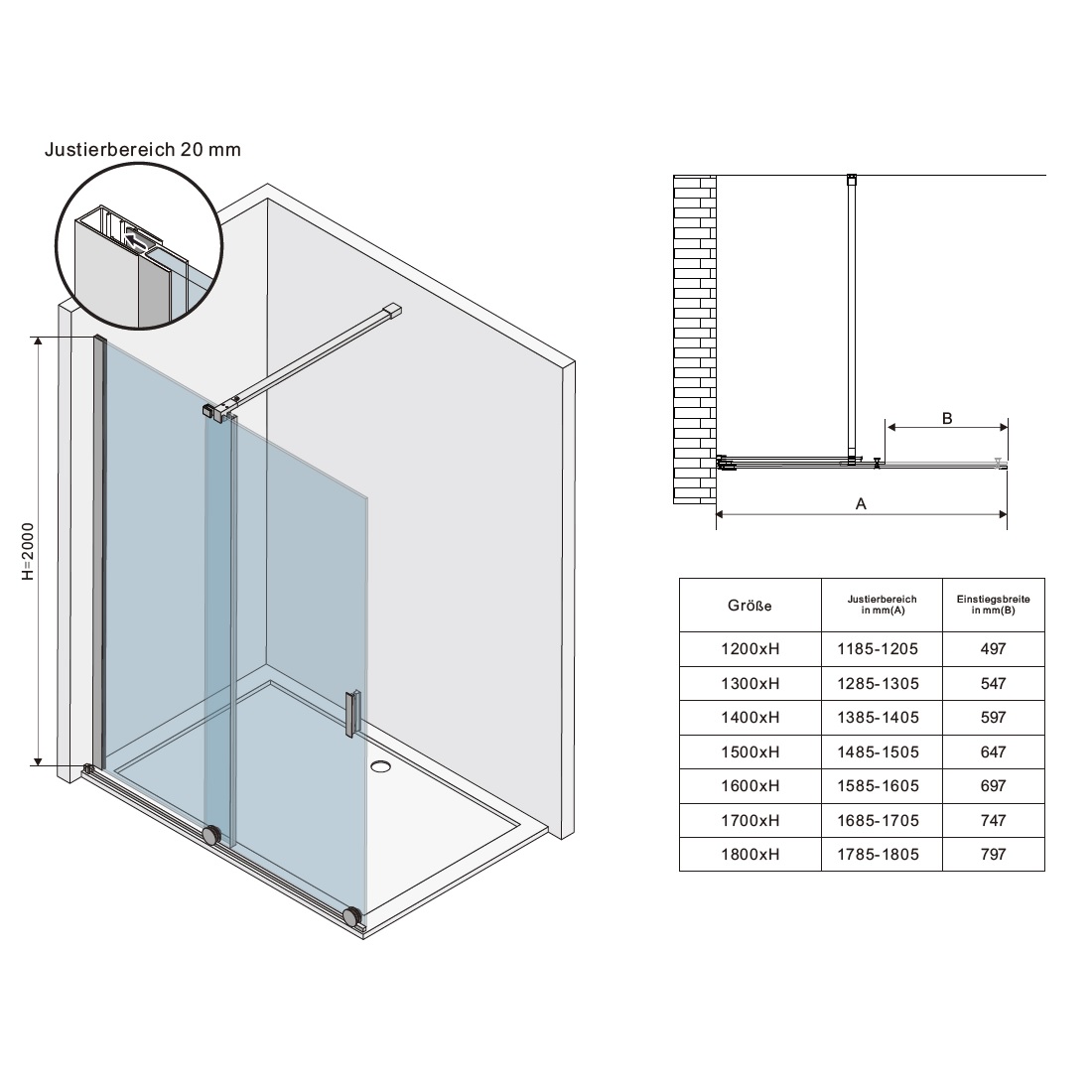 Walk-In Shower Wall NADINE with Sliding Door in Black made of 8mm Tempered Clear Glass