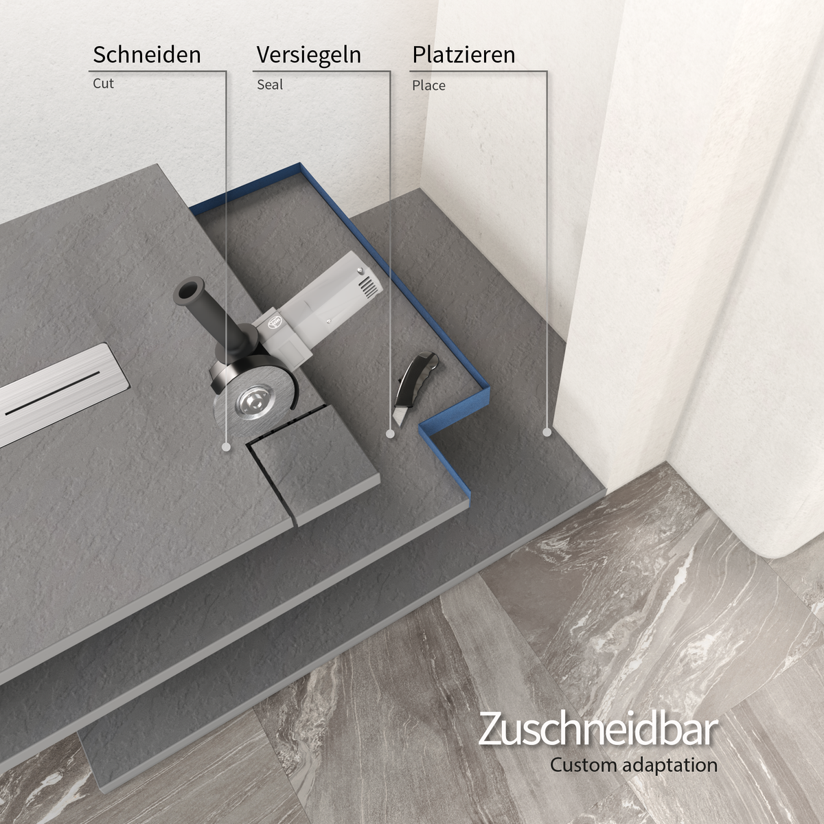 SMC Shower Tray Lumia in Slate Finish with Gray Drain Assembly