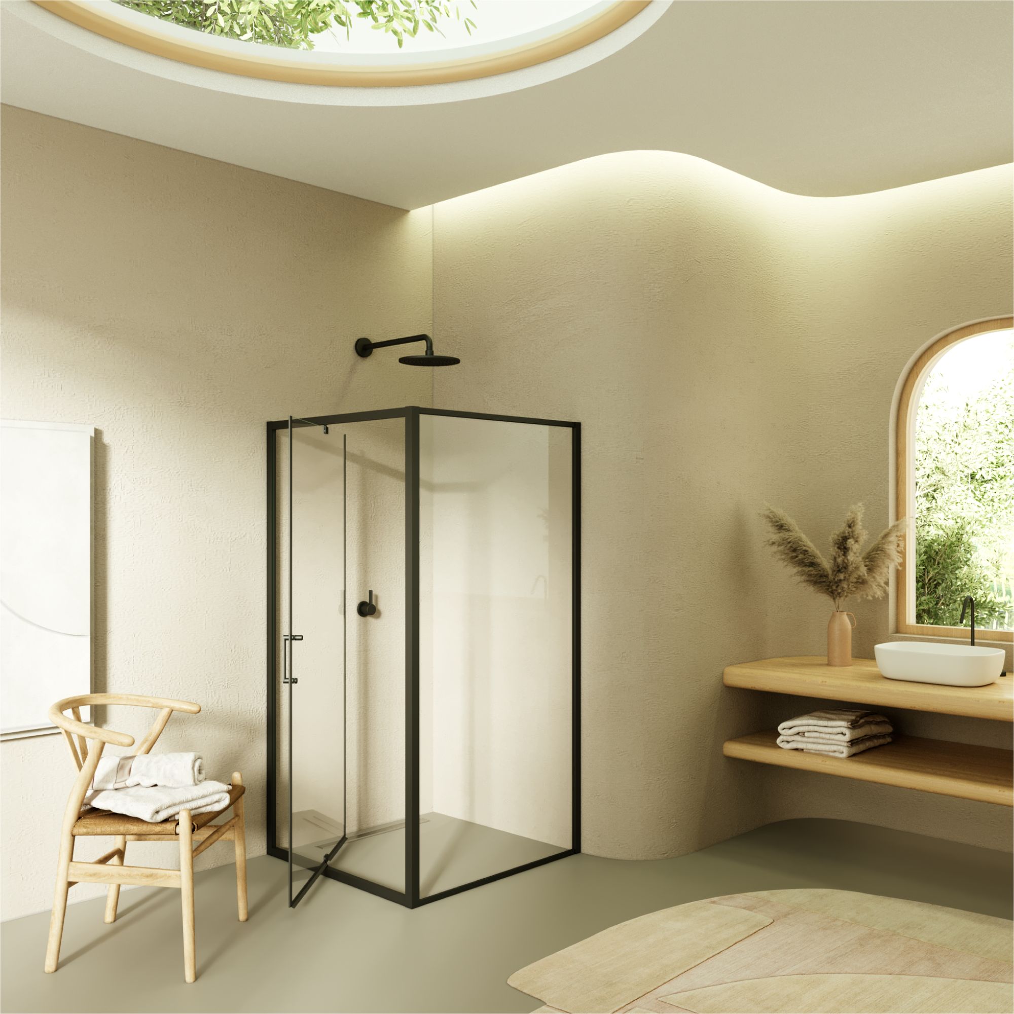 Fronteinstieg Isadora mit Klapptür und schwarzen Profilen aus ESG Sicherheitsglas Fronteinstieg Isadora mit Klapptür und schwarzen Profilen aus ESG Sicherheitsglas