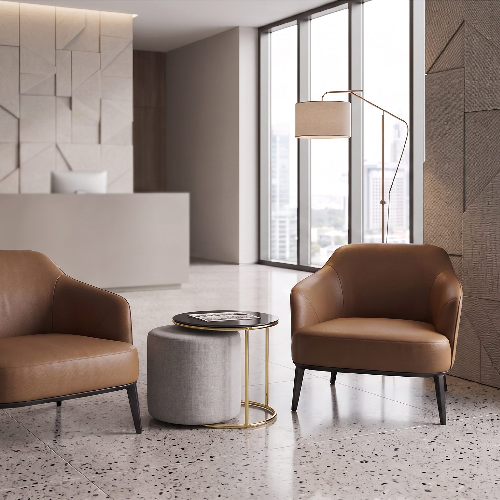Side Table with Stool JASPER Round Coffee Table 40x40 cm Gold-Grey N8