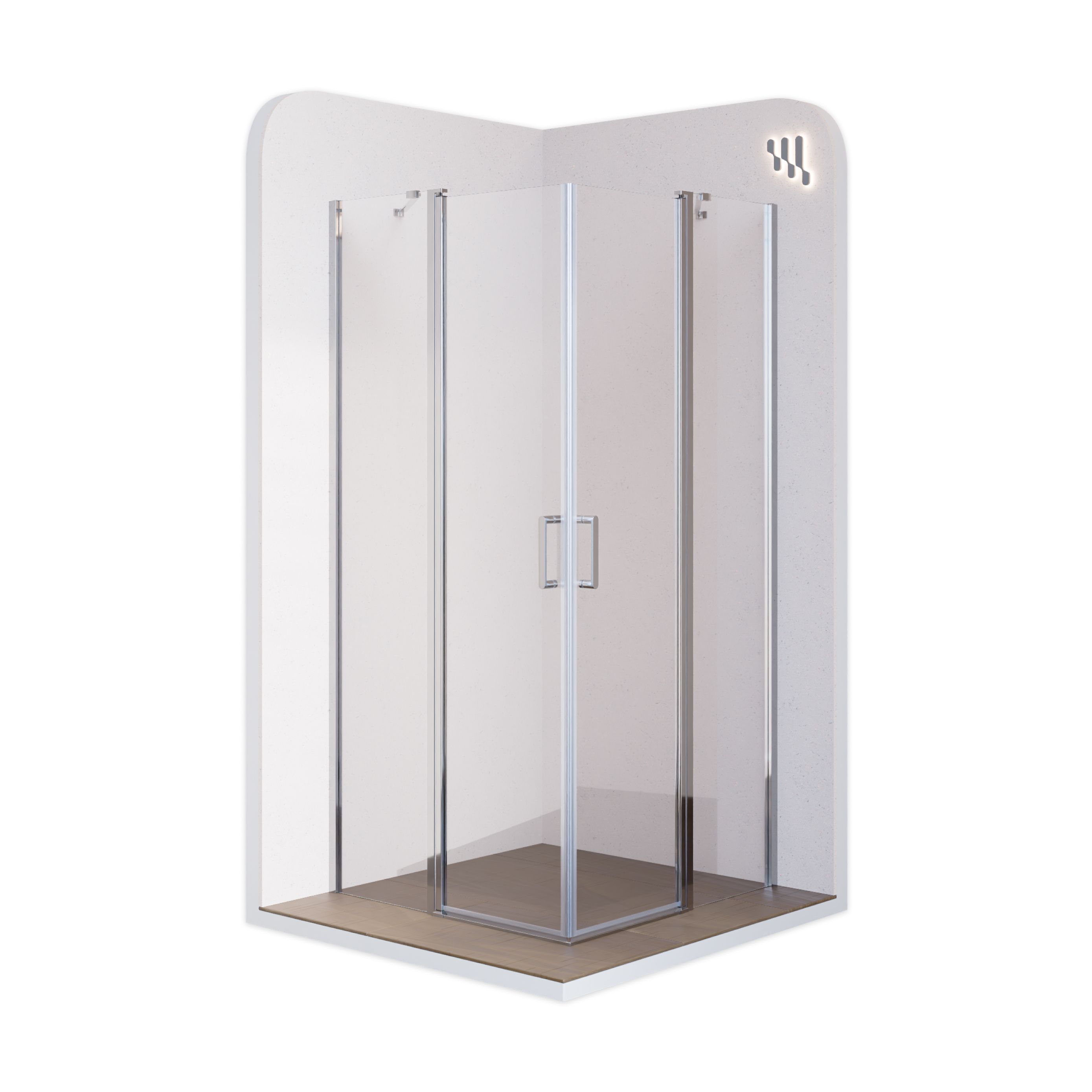 Corner Entry Linda with Folding Doors made of ESG Safety Glass Linda – Eckeinstieg mit Klapptüren aus ESG Sicherheitsglas