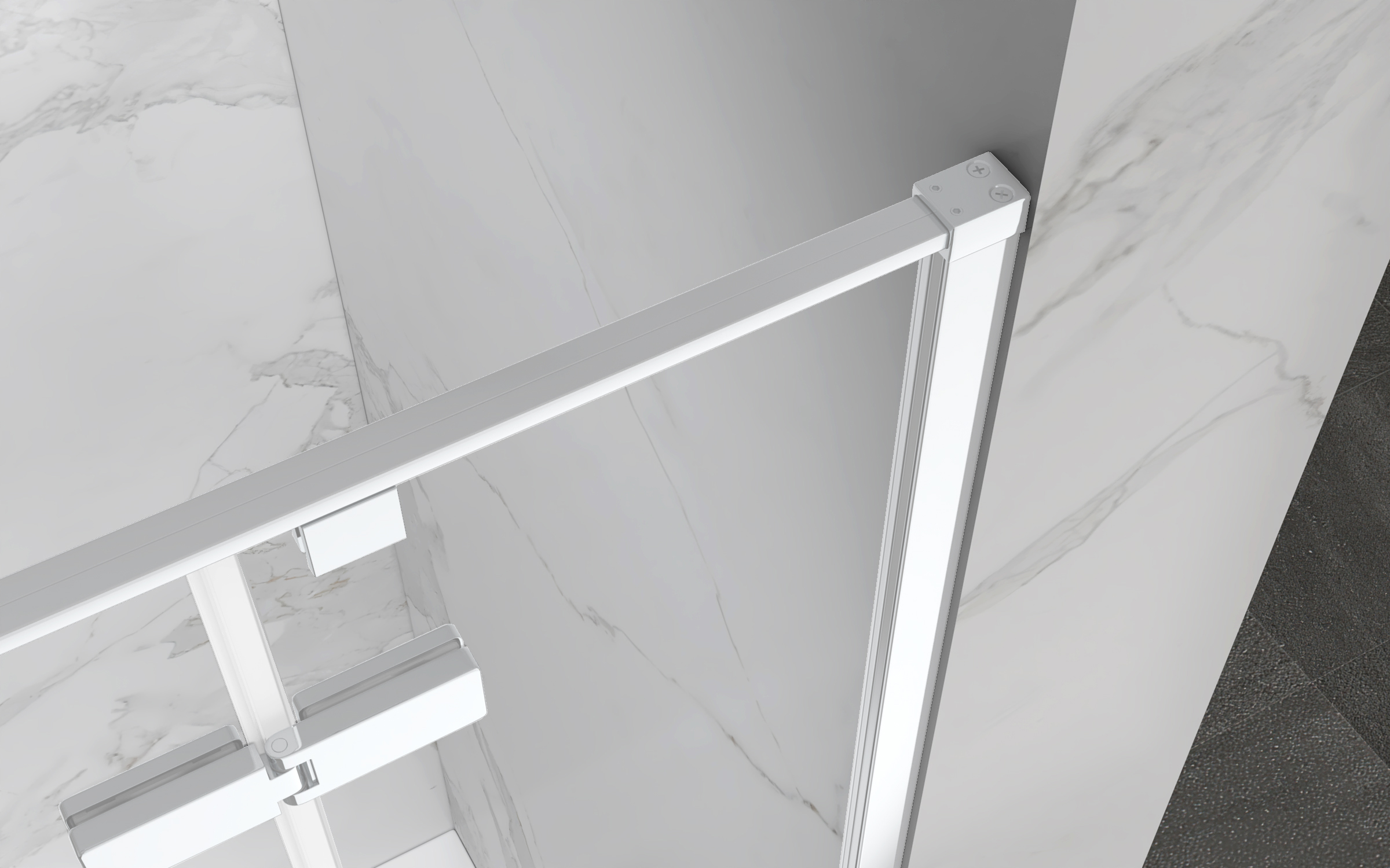 Eckeinstieg Jayla mit Drehtüren und weißen Profilen aus ESG Sicherheitsglas Eckeinstieg Jayla mit Drehtüren und weißen Profilen aus ESG Sicherheitsglas 190 cm-90x90 cm