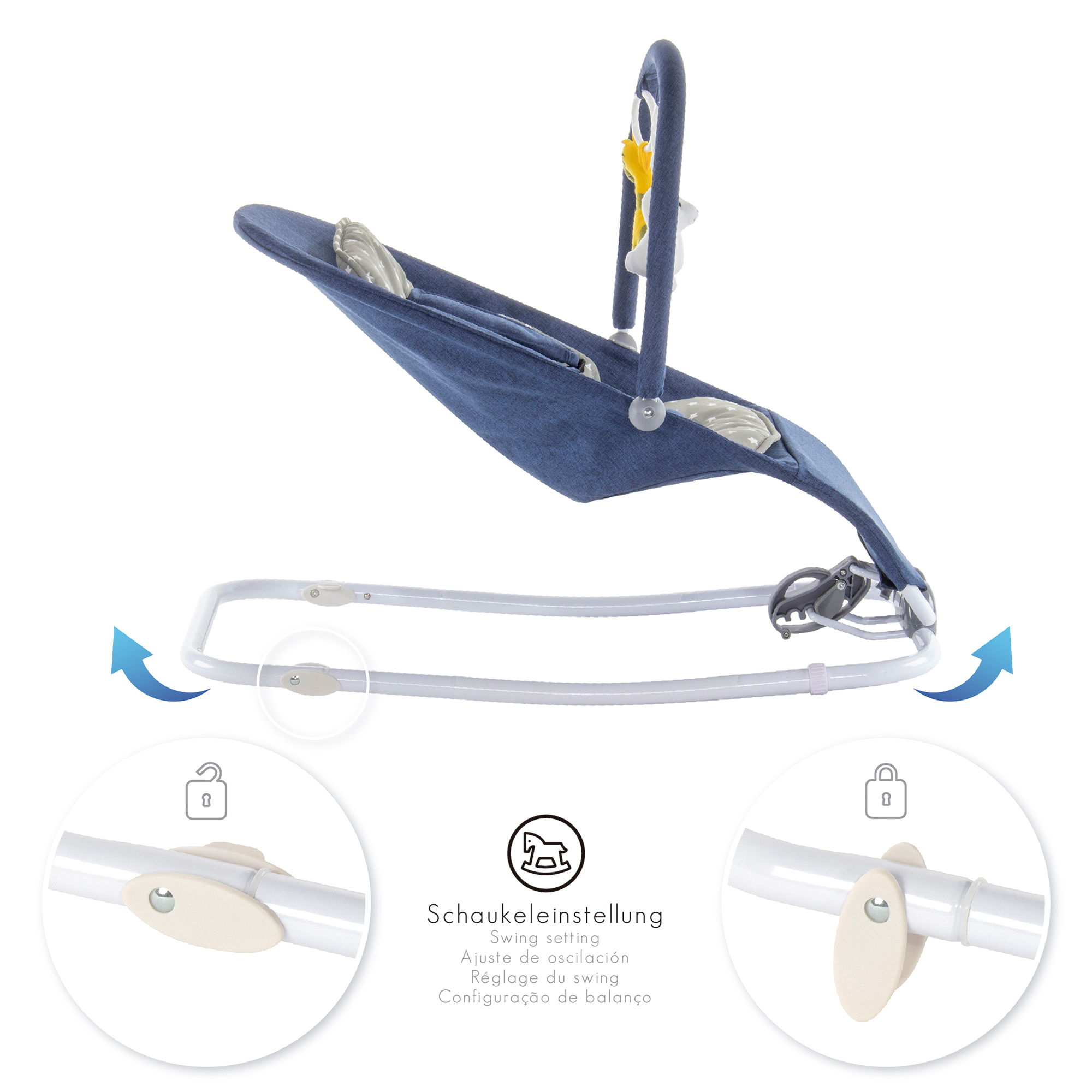 Babywippe VIENO mit abnehmbarem Bezug und Spielebogen Blau + Grau weiße Sterne Babywippe VIENO mit abnehmbarem Bezug und Spielebogen Blau + Grau weiße Sterne