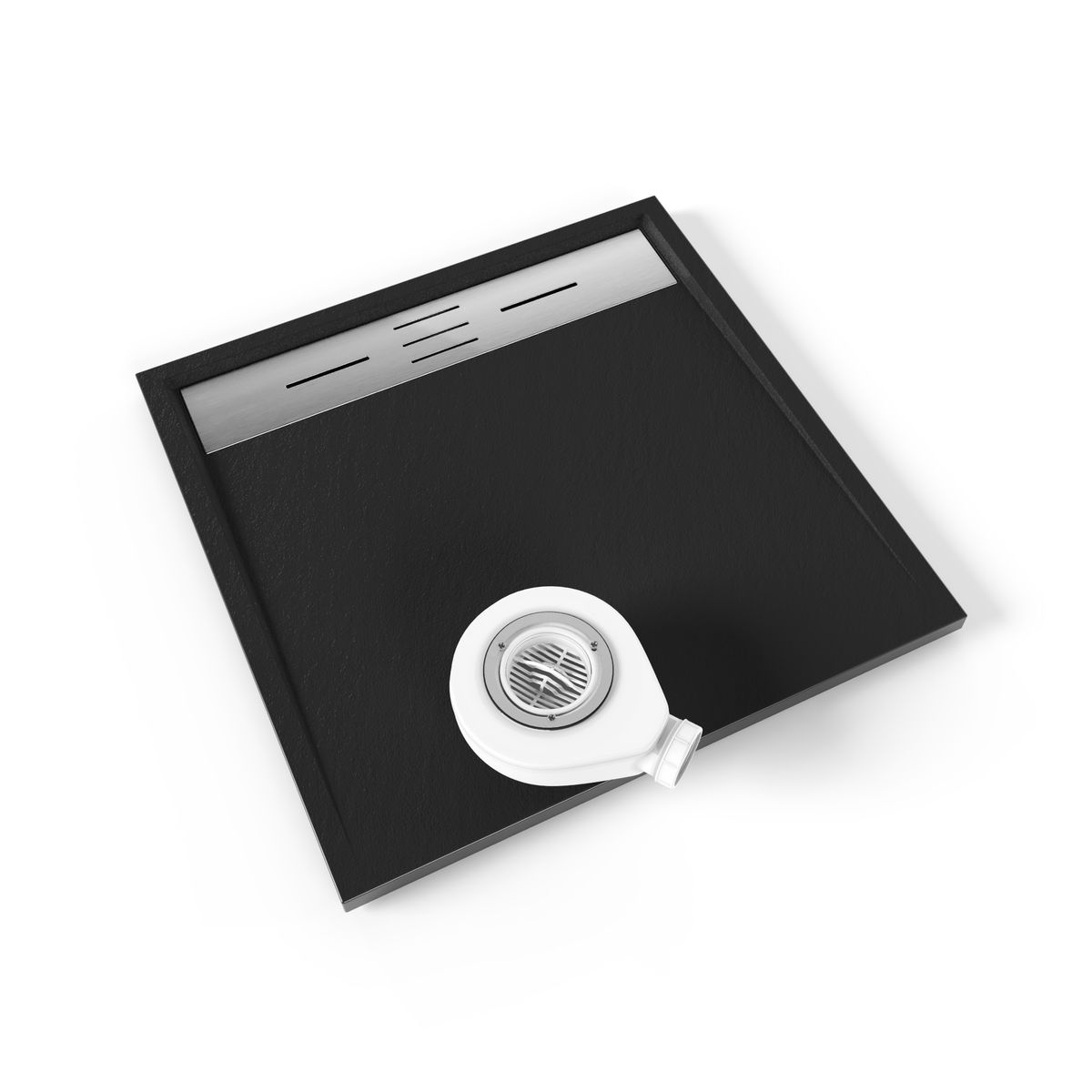 SMC Duschwanne Hiemal in Schieferoptik inkl. Ablaufgarnitur Schwarz mit Edelstahldeckel 90x90 cm